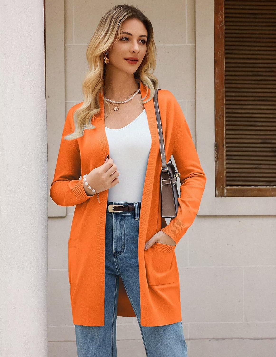 imageGRACE KARIN Womens Long Cardigan Sweater Open Front Classic Knitted Lightweight Sweater Coat with PocketsOrange