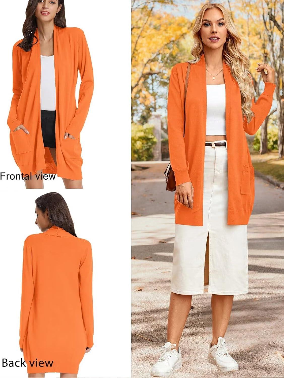 imageGRACE KARIN Womens Long Cardigan Sweater Open Front Classic Knitted Lightweight Sweater Coat with PocketsOrange
