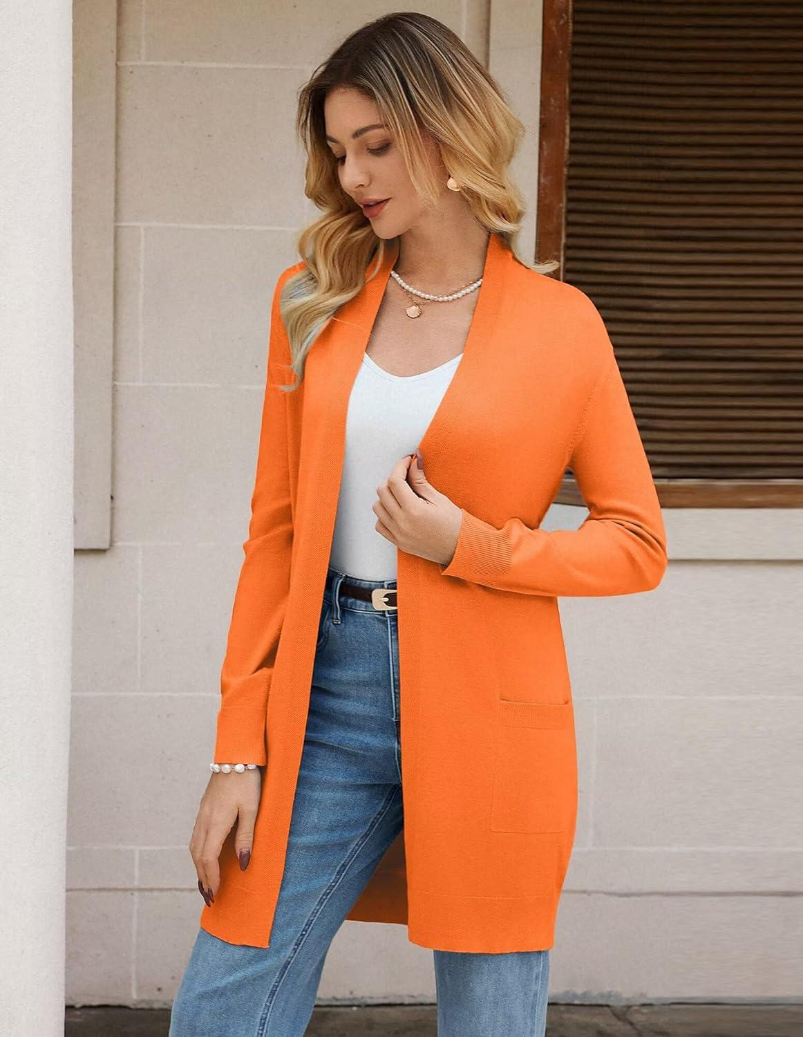imageGRACE KARIN Womens Long Cardigan Sweater Open Front Classic Knitted Lightweight Sweater Coat with PocketsOrange