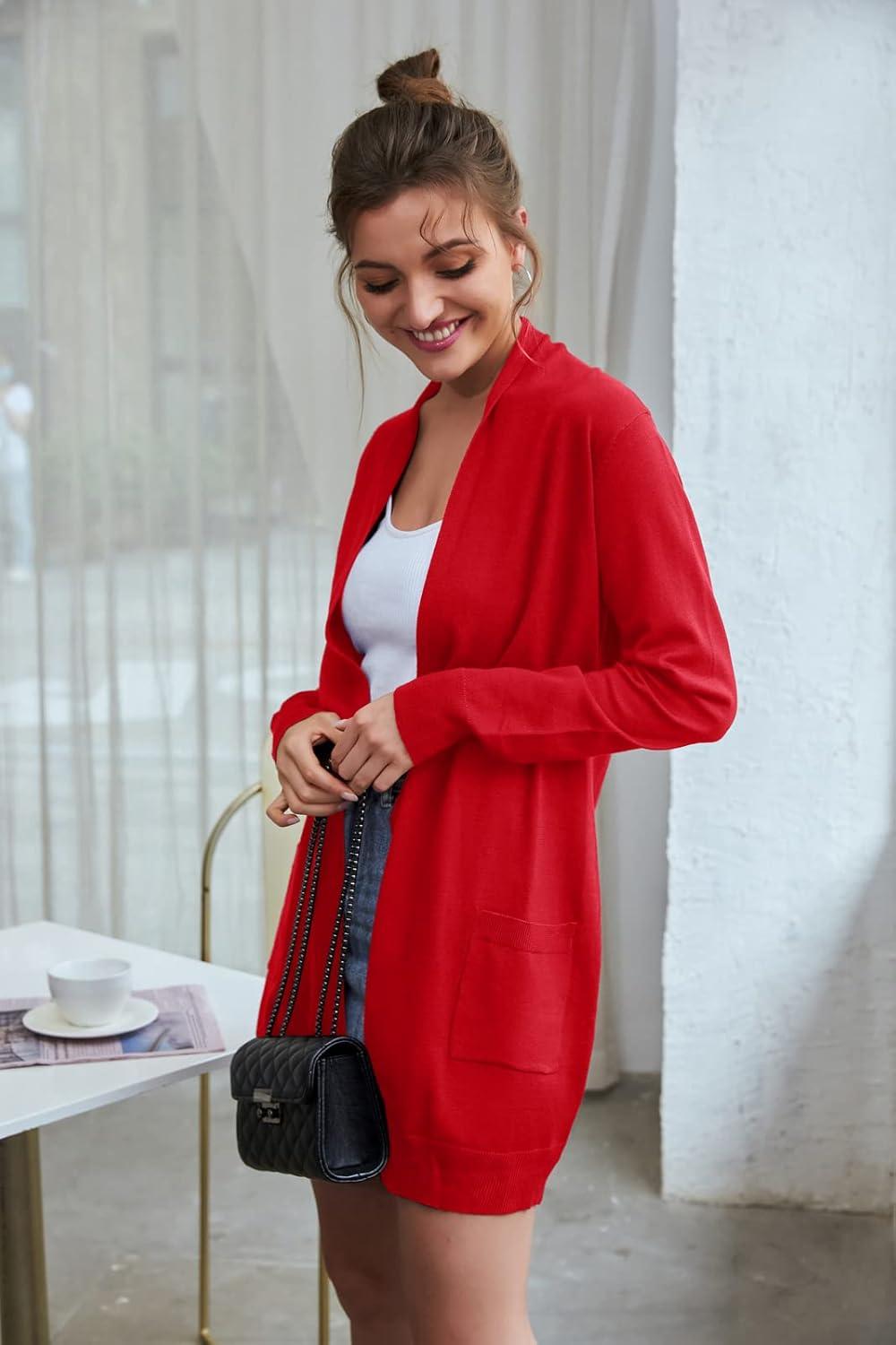imageGRACE KARIN Womens Long Cardigan Sweater Open Front Classic Knitted Lightweight Sweater Coat with PocketsRed