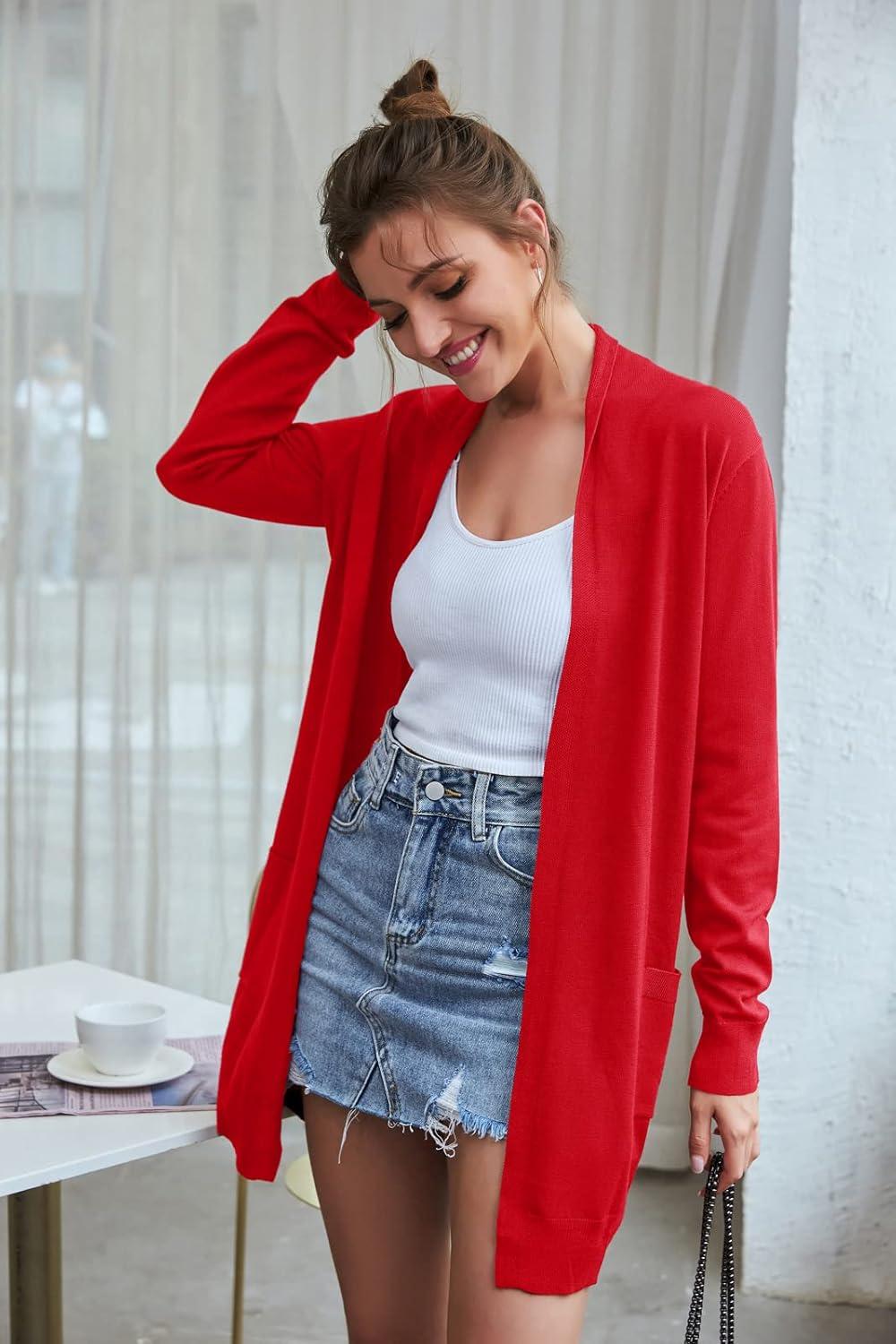 imageGRACE KARIN Womens Long Cardigan Sweater Open Front Classic Knitted Lightweight Sweater Coat with PocketsRed