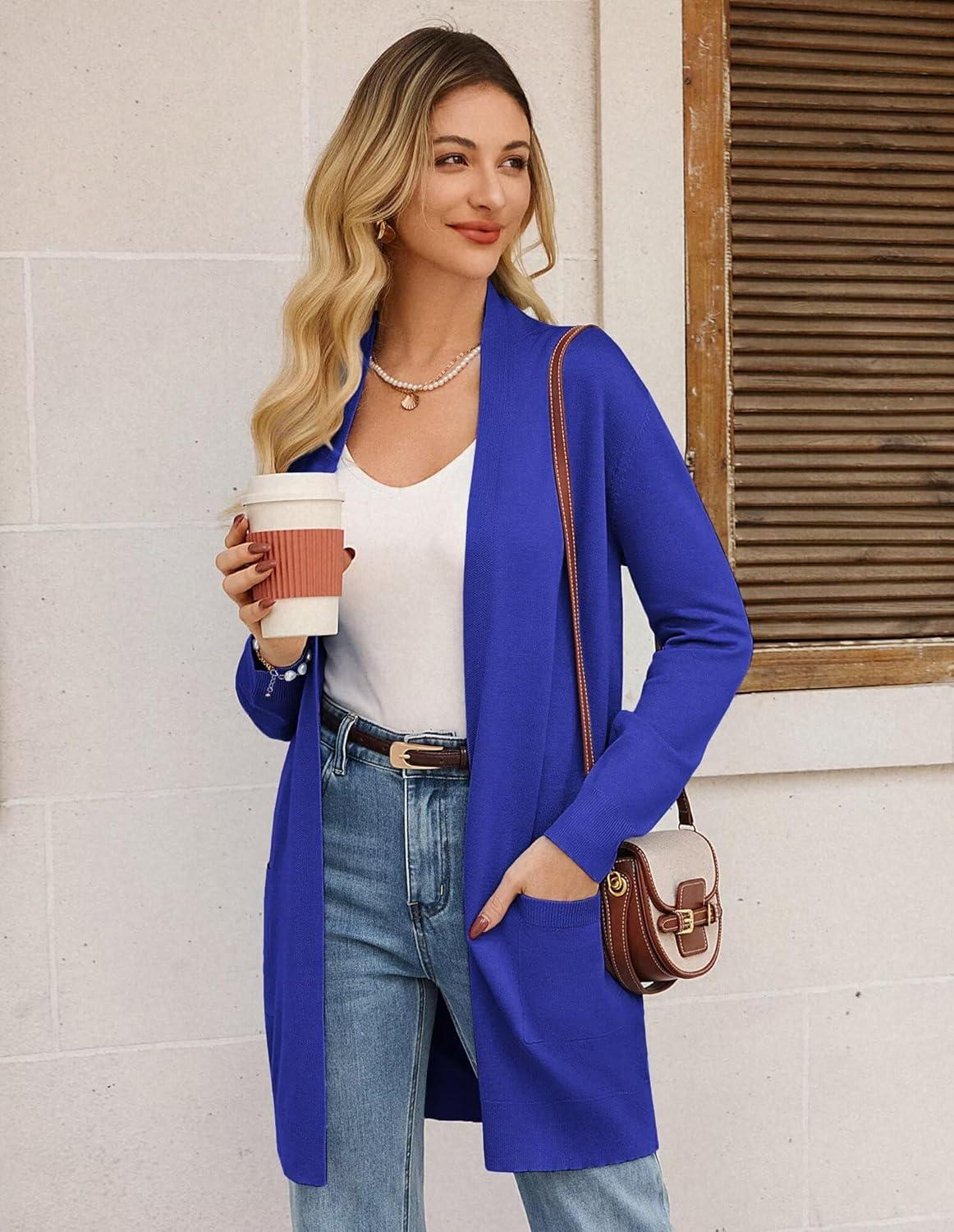 imageGRACE KARIN Womens Long Cardigan Sweater Open Front Classic Knitted Lightweight Sweater Coat with PocketsRoyal Blue