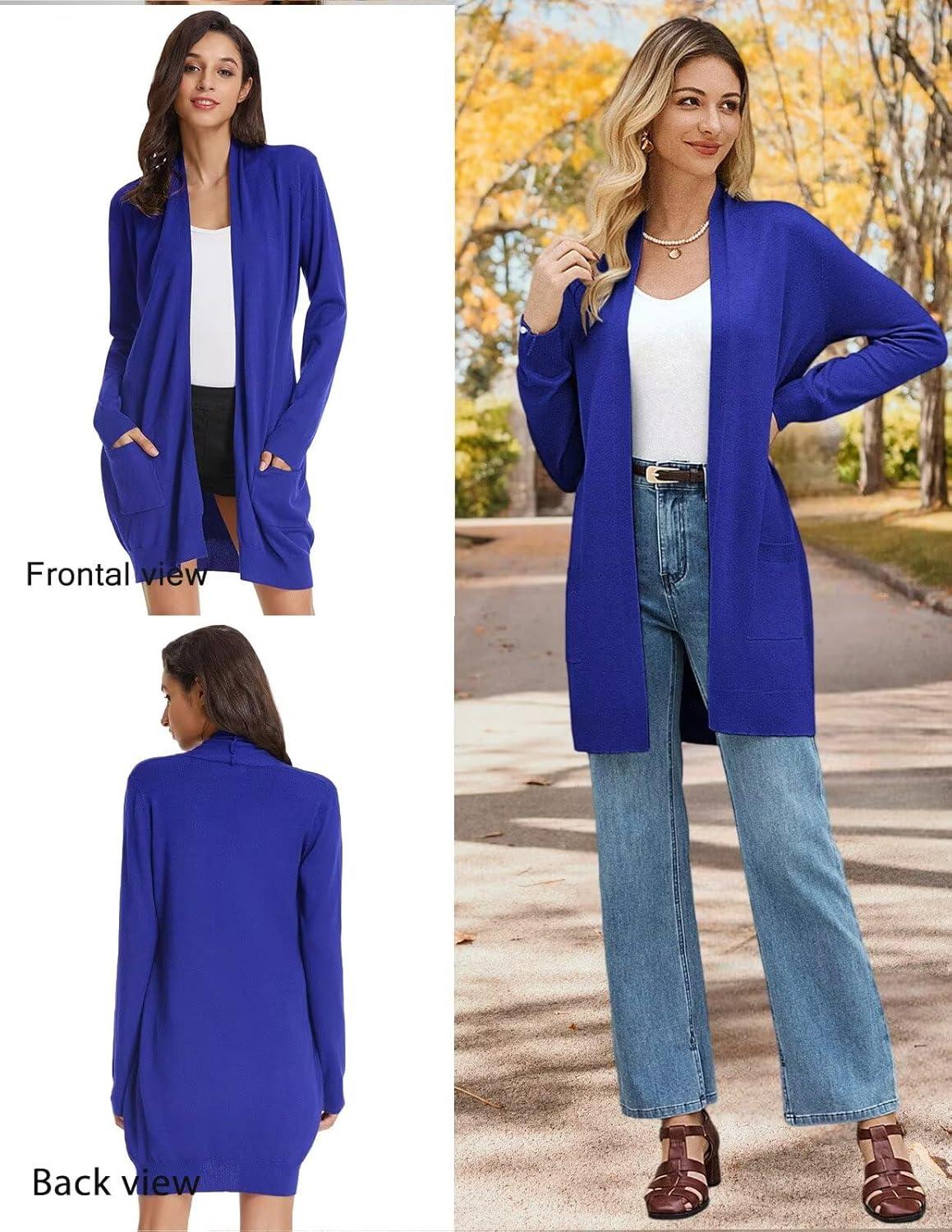 imageGRACE KARIN Womens Long Cardigan Sweater Open Front Classic Knitted Lightweight Sweater Coat with PocketsRoyal Blue