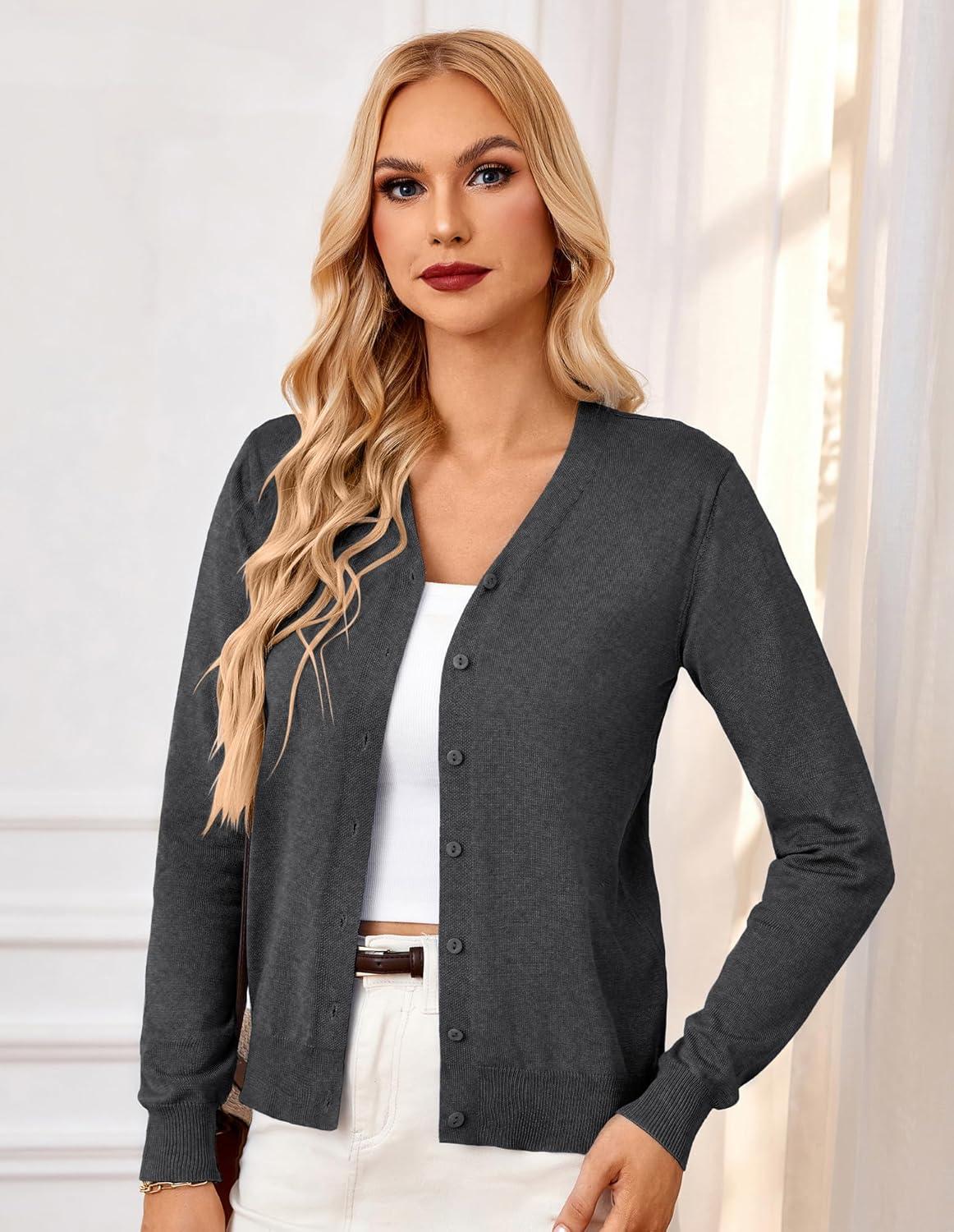 imageGRACE KARIN Womens Long Sleeve Button Down Vee Neck Classic Sweater Knit CardiganBlack Grey