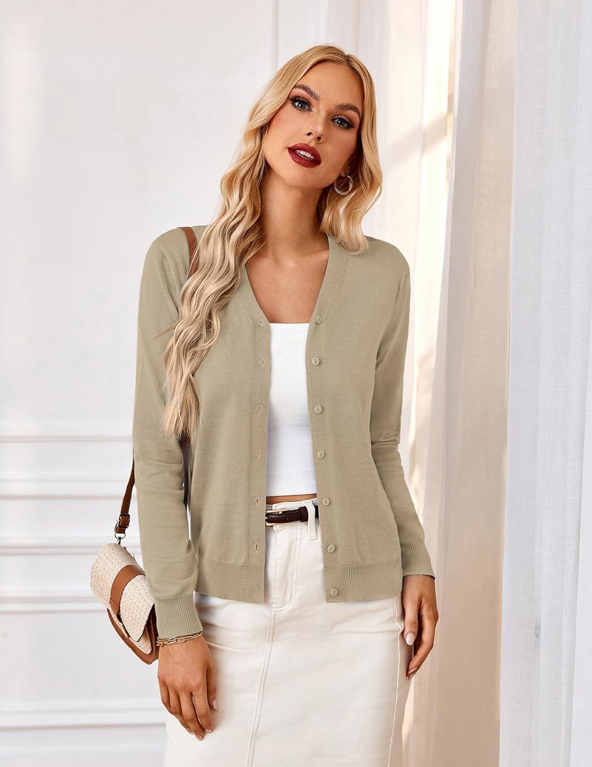 imageGRACE KARIN Womens Long Sleeve Button Down Vee Neck Classic Sweater Knit CardiganCamel