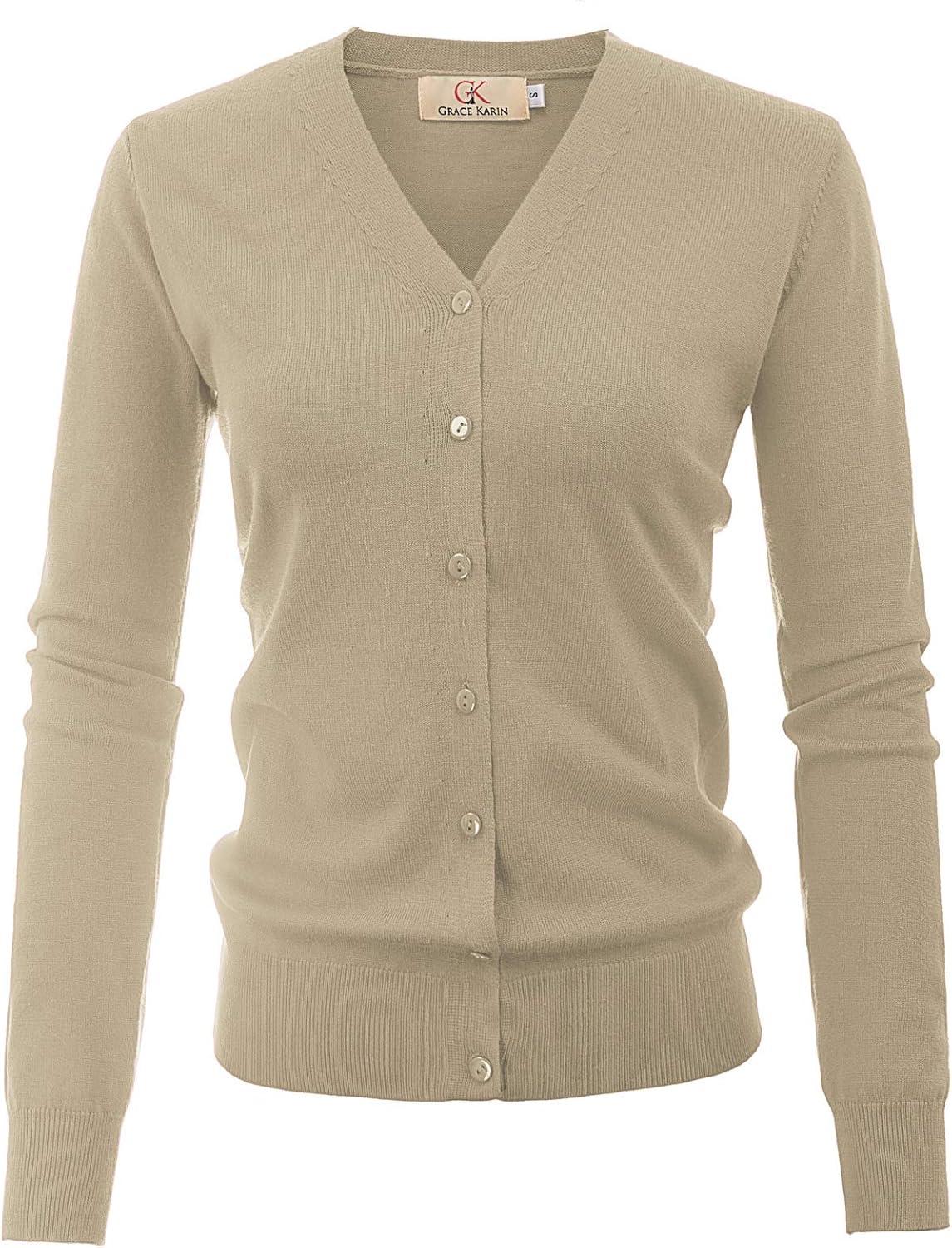 imageGRACE KARIN Womens Long Sleeve Button Down Vee Neck Classic Sweater Knit CardiganCamel