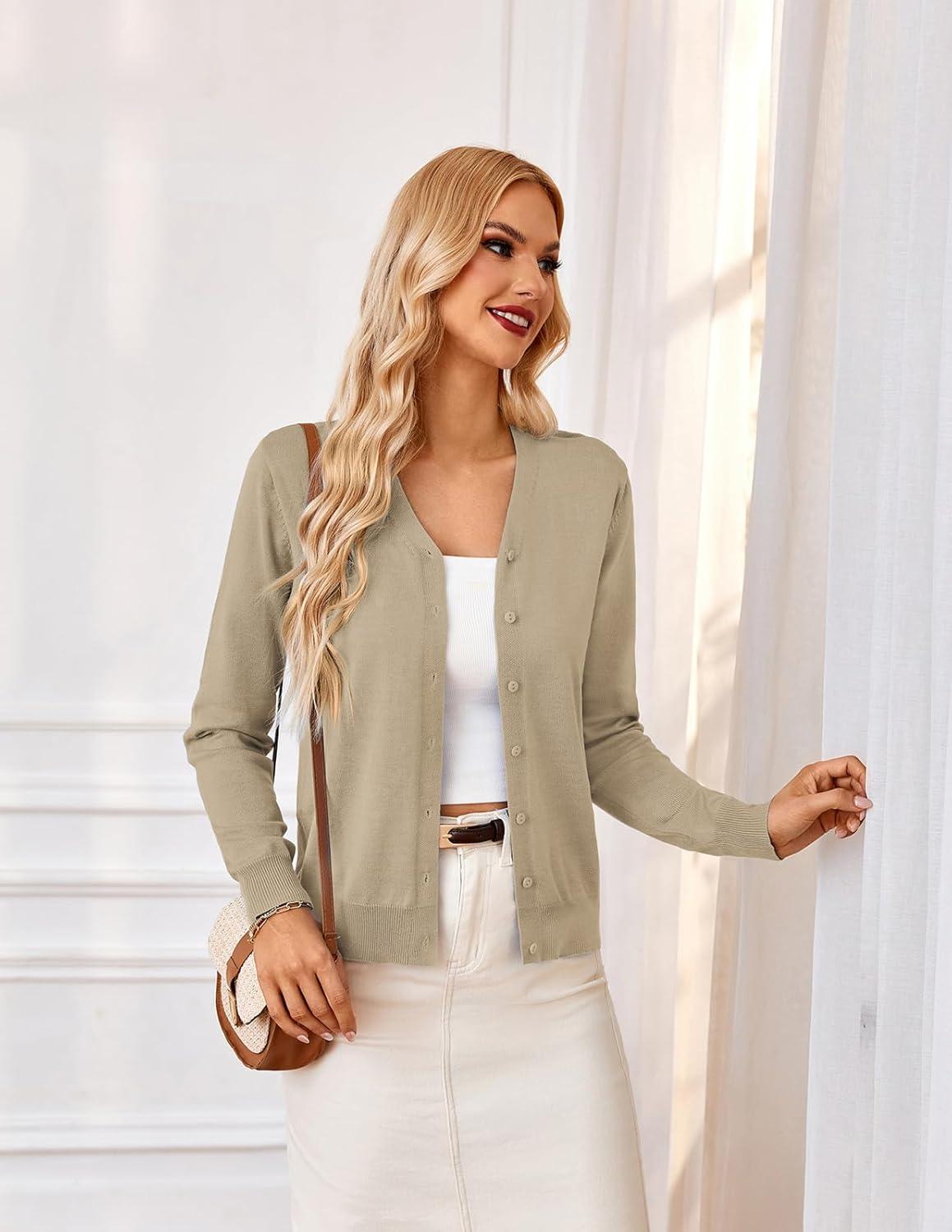 imageGRACE KARIN Womens Long Sleeve Button Down Vee Neck Classic Sweater Knit CardiganCamel