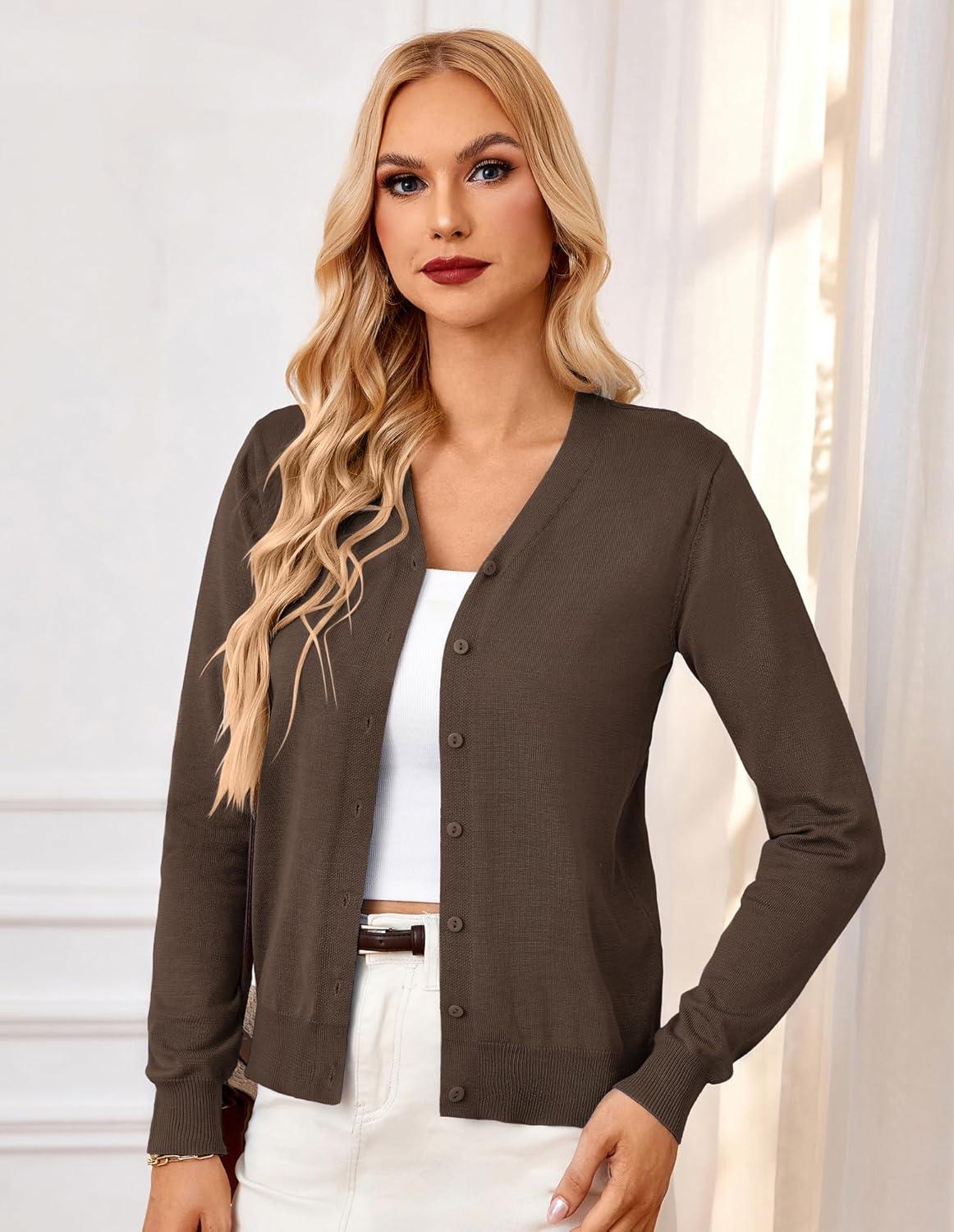 imageGRACE KARIN Womens Long Sleeve Button Down Vee Neck Classic Sweater Knit CardiganCoffee