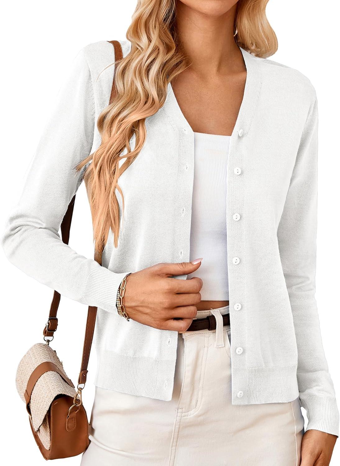 imageGRACE KARIN Womens Long Sleeve Button Down Vee Neck Classic Sweater Knit CardiganIvory