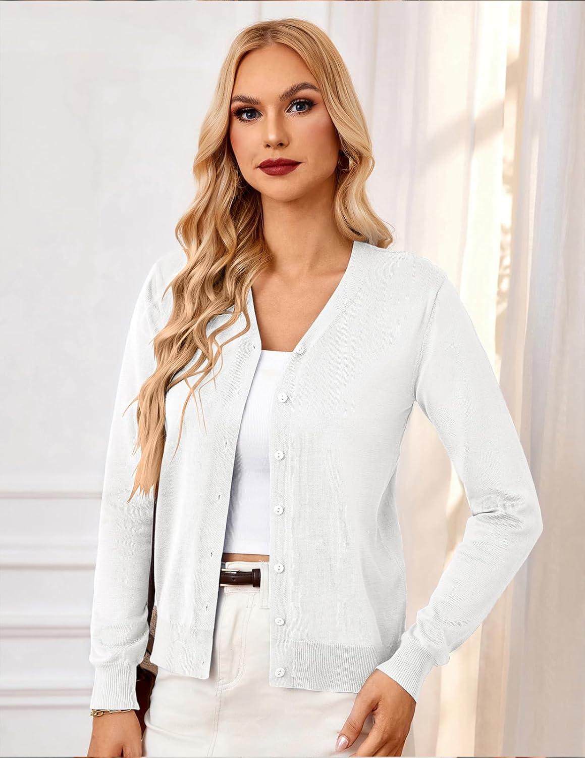 imageGRACE KARIN Womens Long Sleeve Button Down Vee Neck Classic Sweater Knit CardiganIvory