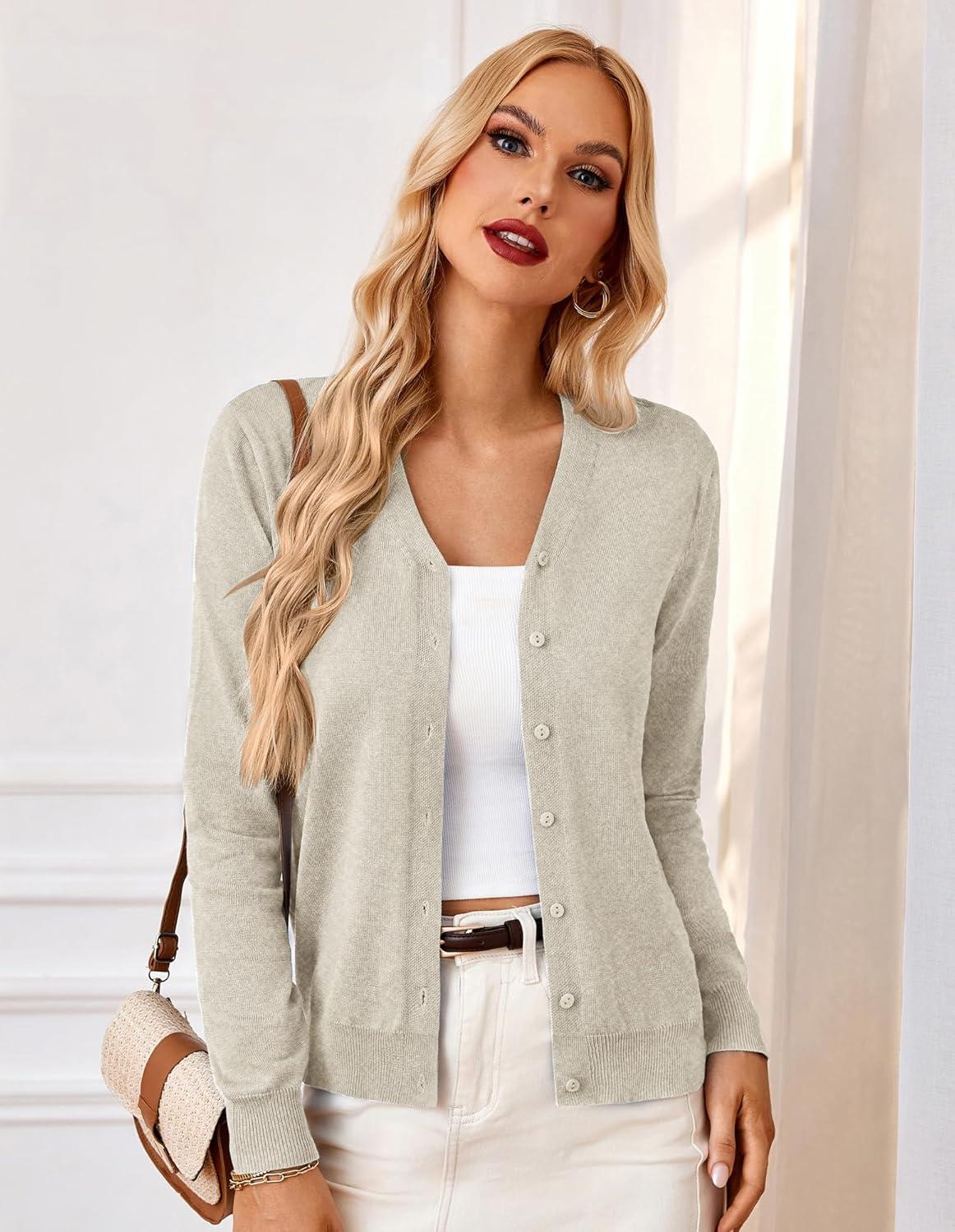 imageGRACE KARIN Womens Long Sleeve Button Down Vee Neck Classic Sweater Knit CardiganLight Apricot Heather