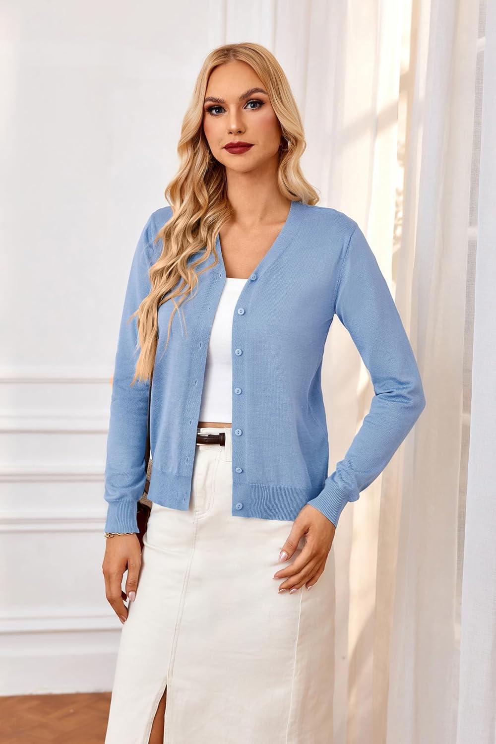 imageGRACE KARIN Womens Long Sleeve Button Down Vee Neck Classic Sweater Knit CardiganLight Blue