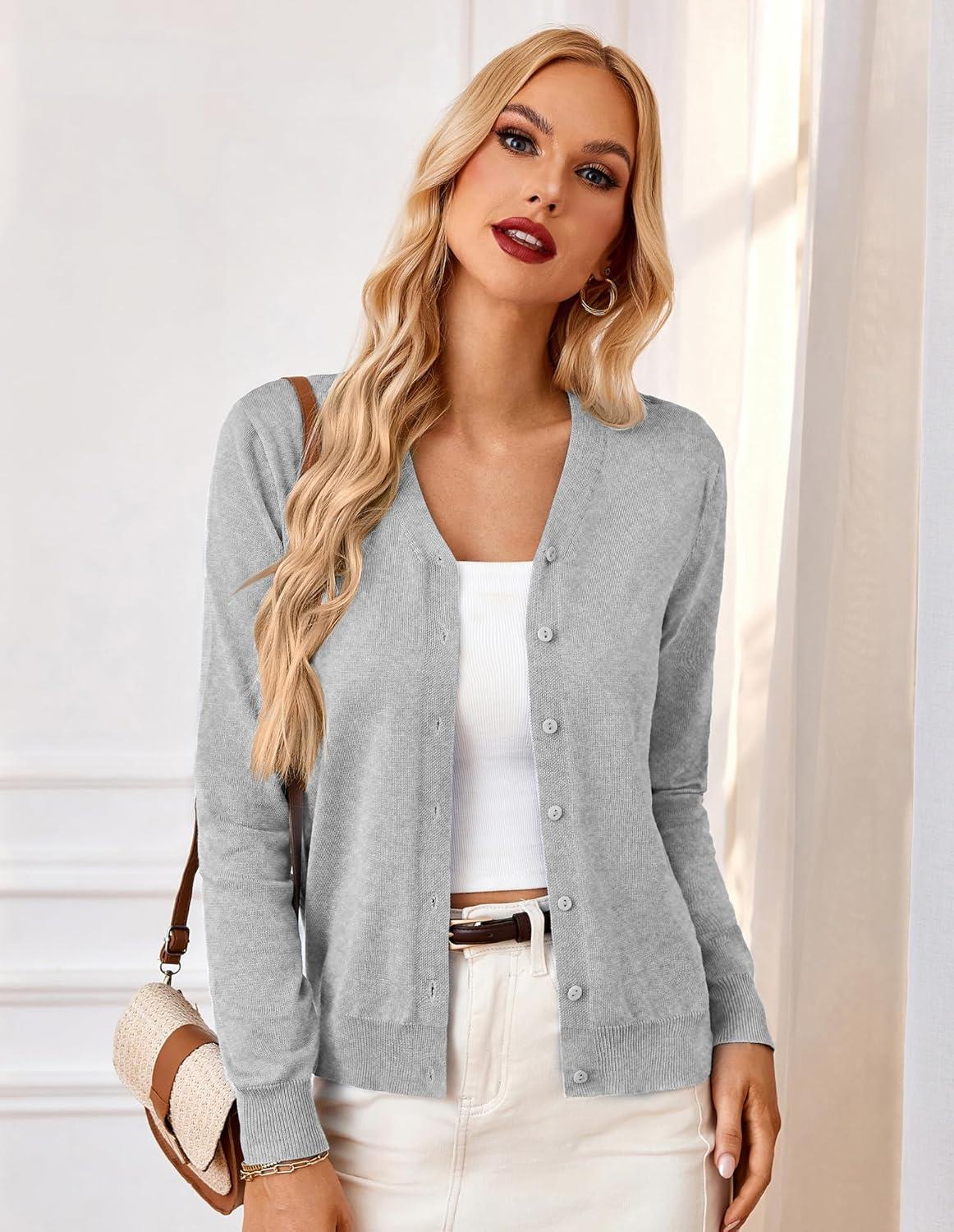 imageGRACE KARIN Womens Long Sleeve Button Down Vee Neck Classic Sweater Knit CardiganLight Grey