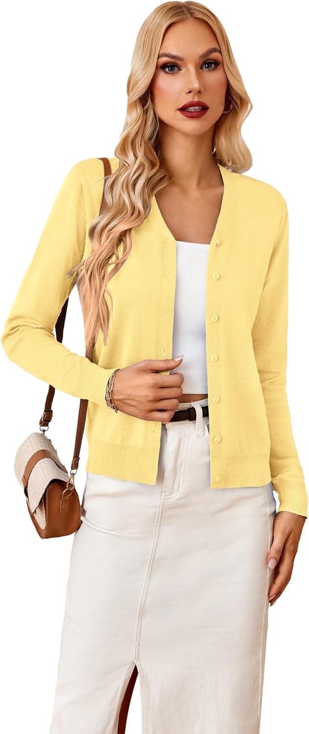 imageGRACE KARIN Womens Long Sleeve Button Down Vee Neck Classic Sweater Knit CardiganLight Yellow