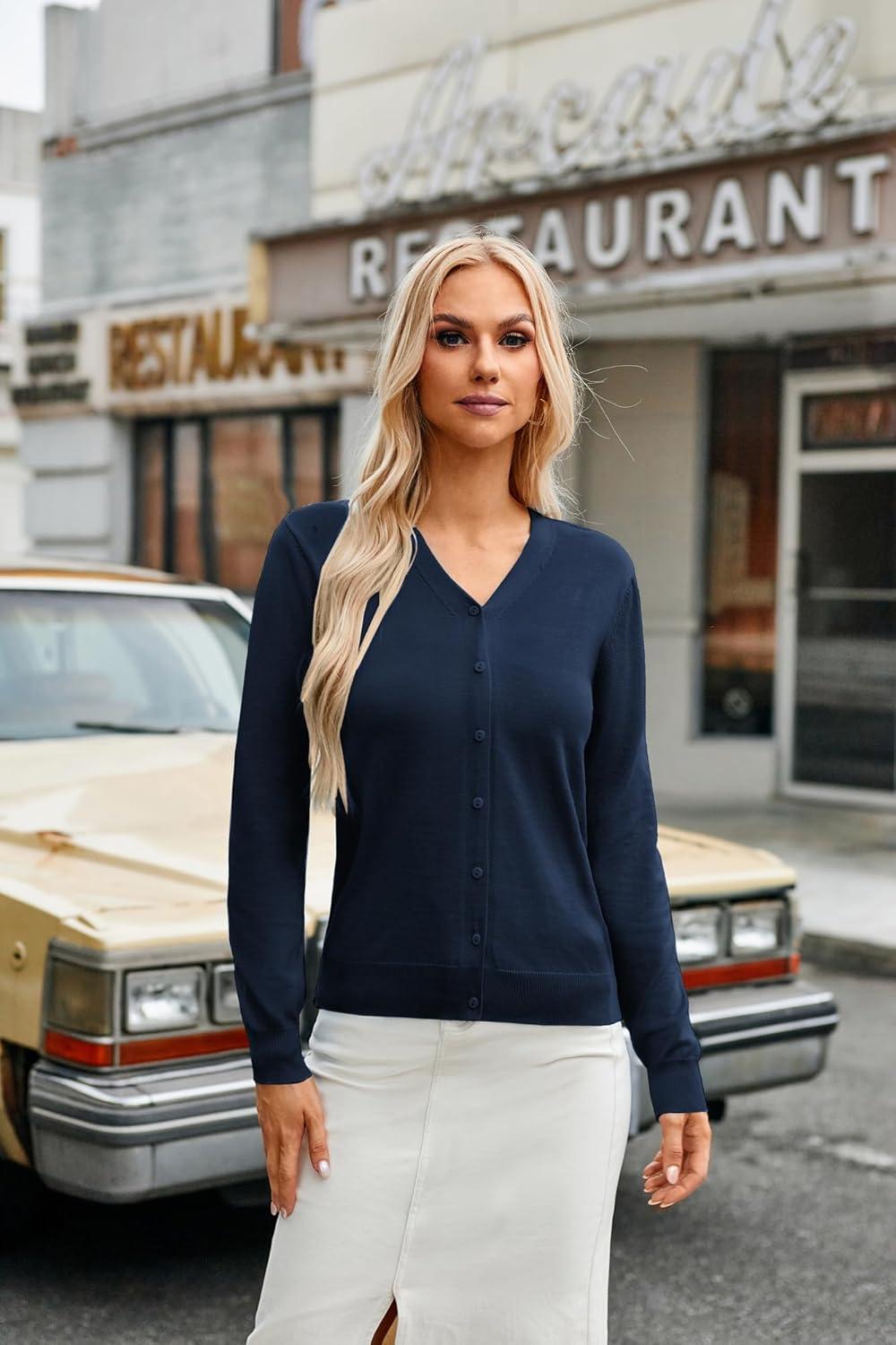 imageGRACE KARIN Womens Long Sleeve Button Down Vee Neck Classic Sweater Knit CardiganMidnight Blue