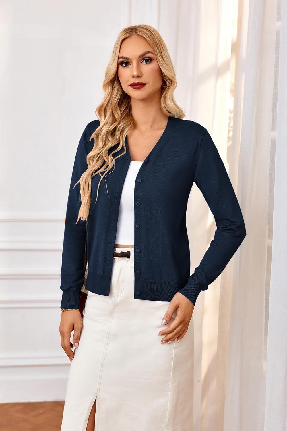imageGRACE KARIN Womens Long Sleeve Button Down Vee Neck Classic Sweater Knit CardiganMidnight Blue