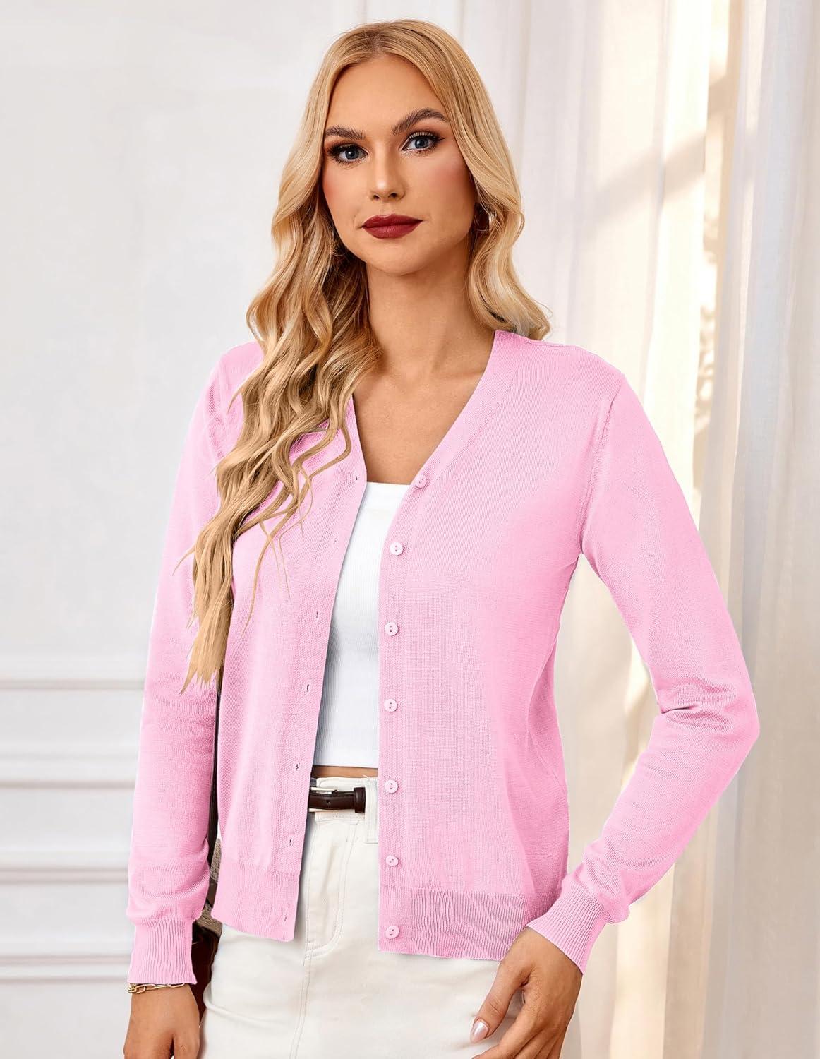 imageGRACE KARIN Womens Long Sleeve Button Down Vee Neck Classic Sweater Knit CardiganPink