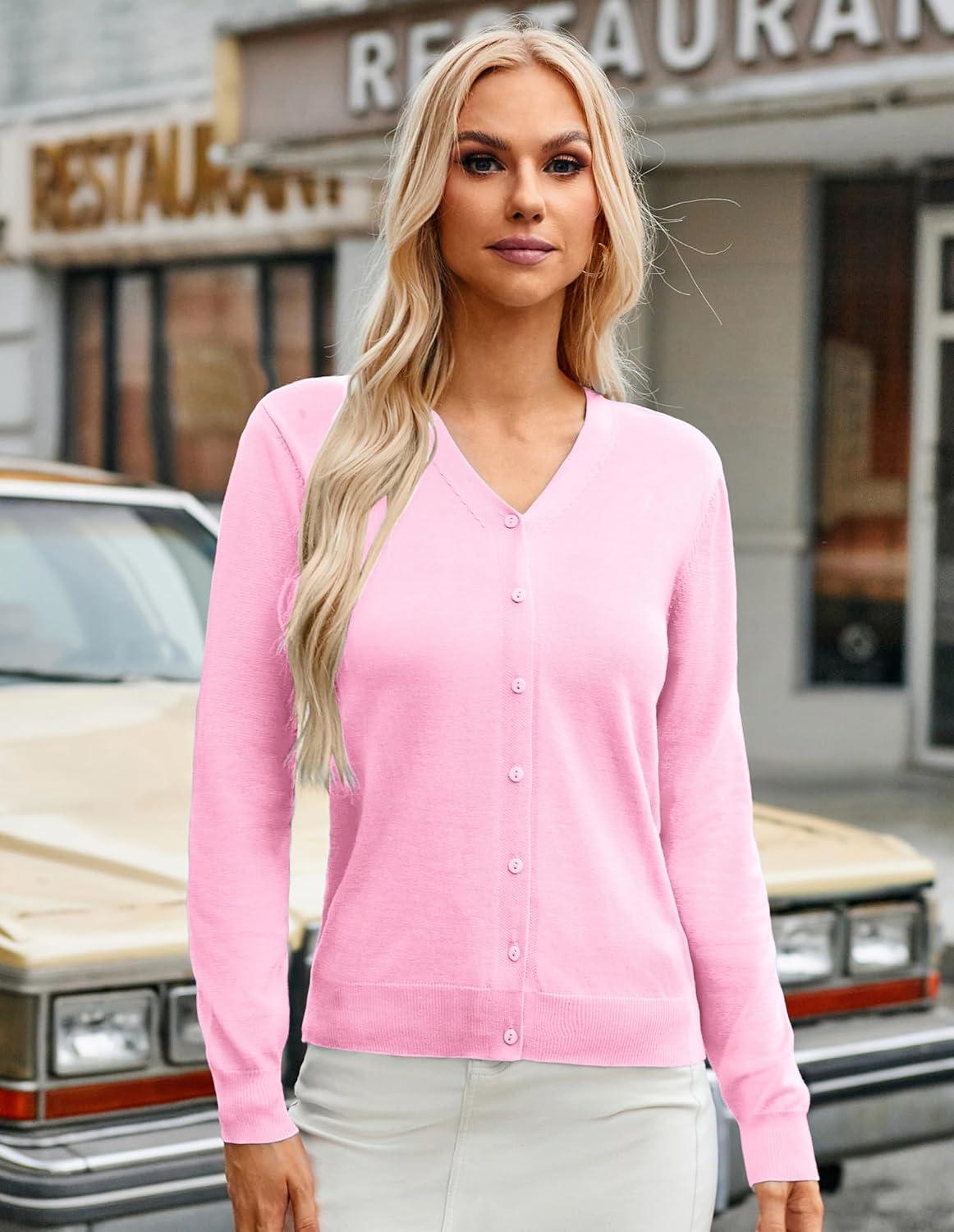 imageGRACE KARIN Womens Long Sleeve Button Down Vee Neck Classic Sweater Knit CardiganPink