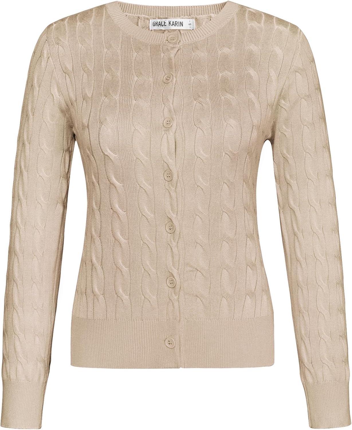 imageGRACE KARIN Womens Long Sleeve Button Up Cable Knit Cardigan Lightweight 2026 Crewneck Button Down Sweaters for WomenApricot
