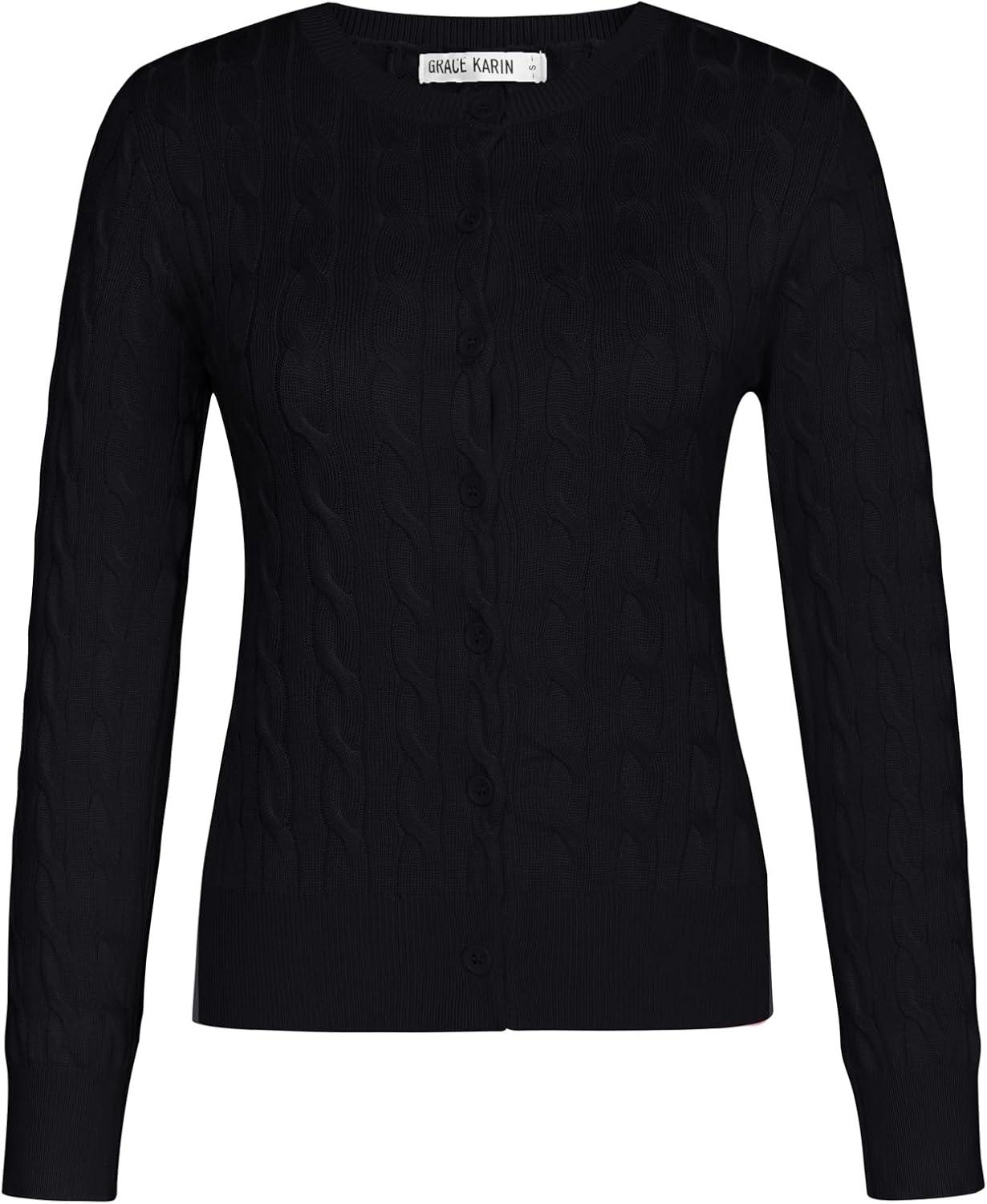 imageGRACE KARIN Womens Long Sleeve Button Up Cable Knit Cardigan Lightweight 2026 Crewneck Button Down Sweaters for WomenBlack