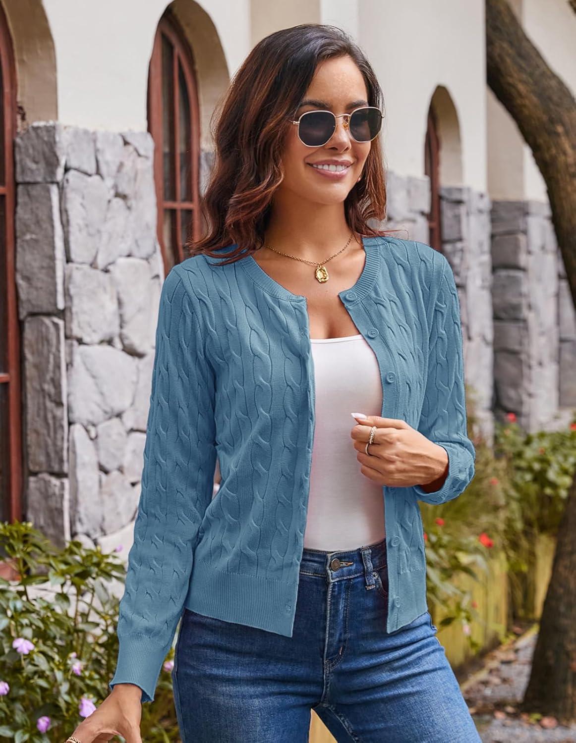 imageGRACE KARIN Womens Long Sleeve Button Up Cable Knit Cardigan Lightweight 2026 Crewneck Button Down Sweaters for WomenBlue Gray