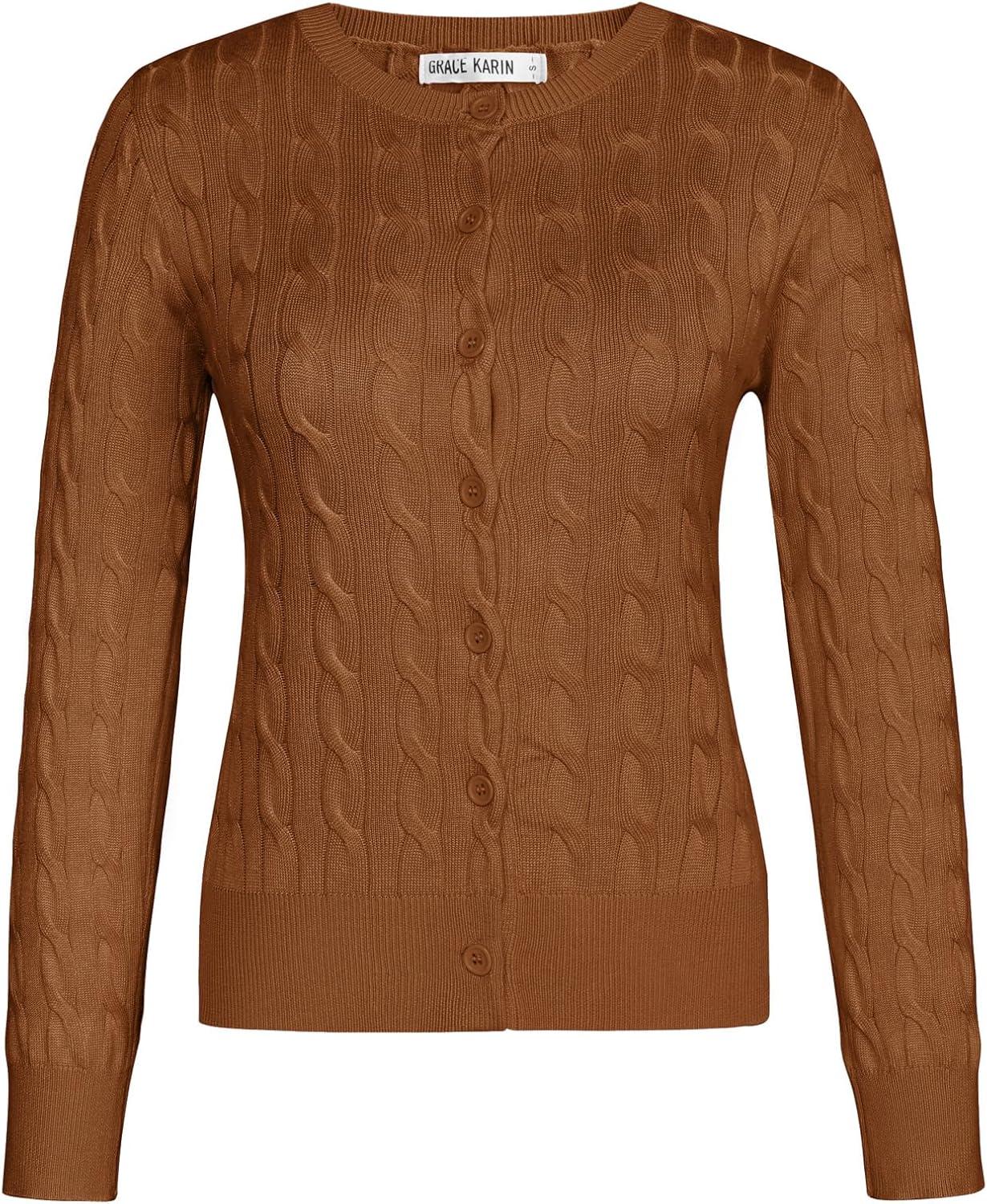 imageGRACE KARIN Womens Long Sleeve Button Up Cable Knit Cardigan Lightweight 2026 Crewneck Button Down Sweaters for WomenCaramel