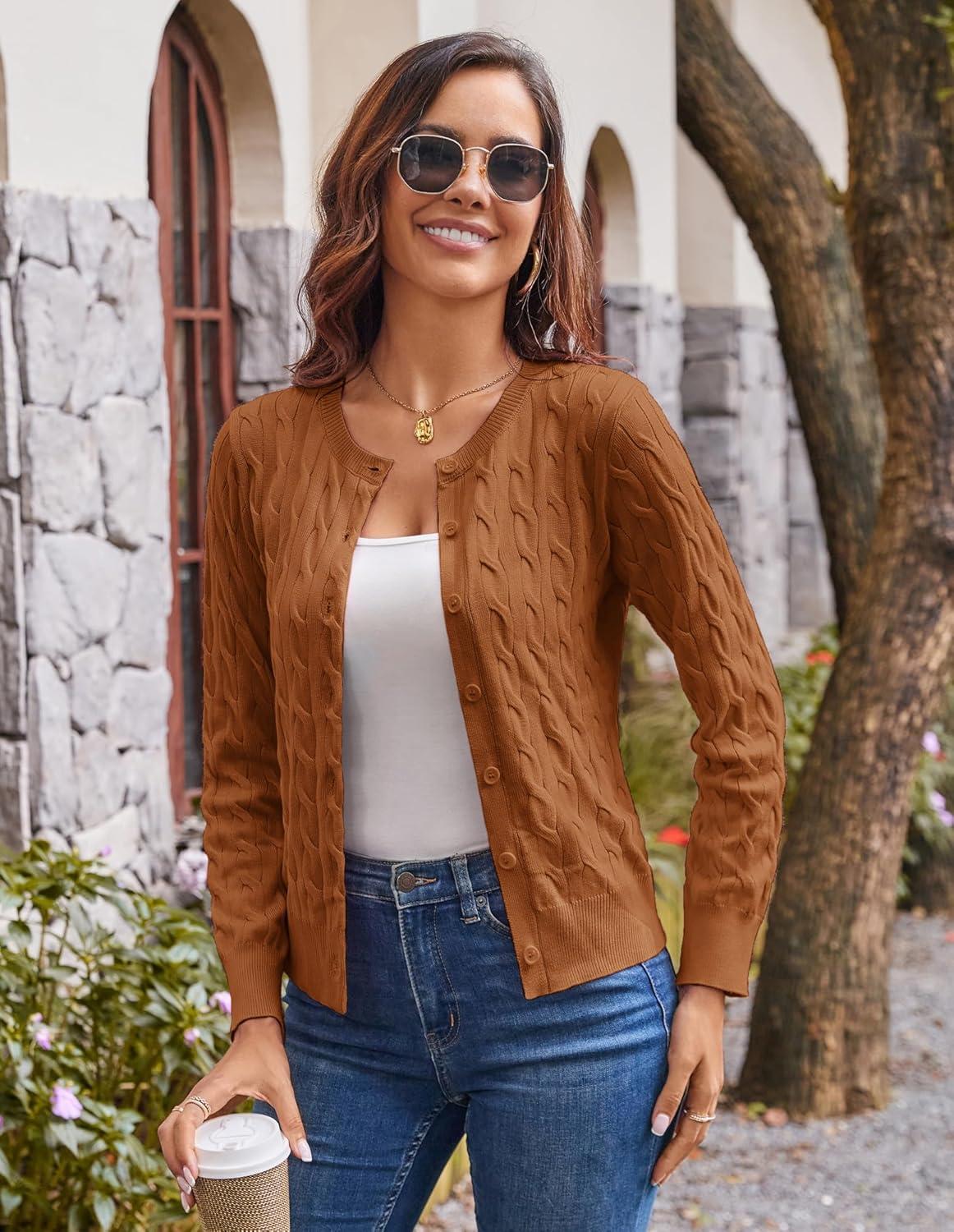 imageGRACE KARIN Womens Long Sleeve Button Up Cable Knit Cardigan Lightweight 2026 Crewneck Button Down Sweaters for WomenCaramel