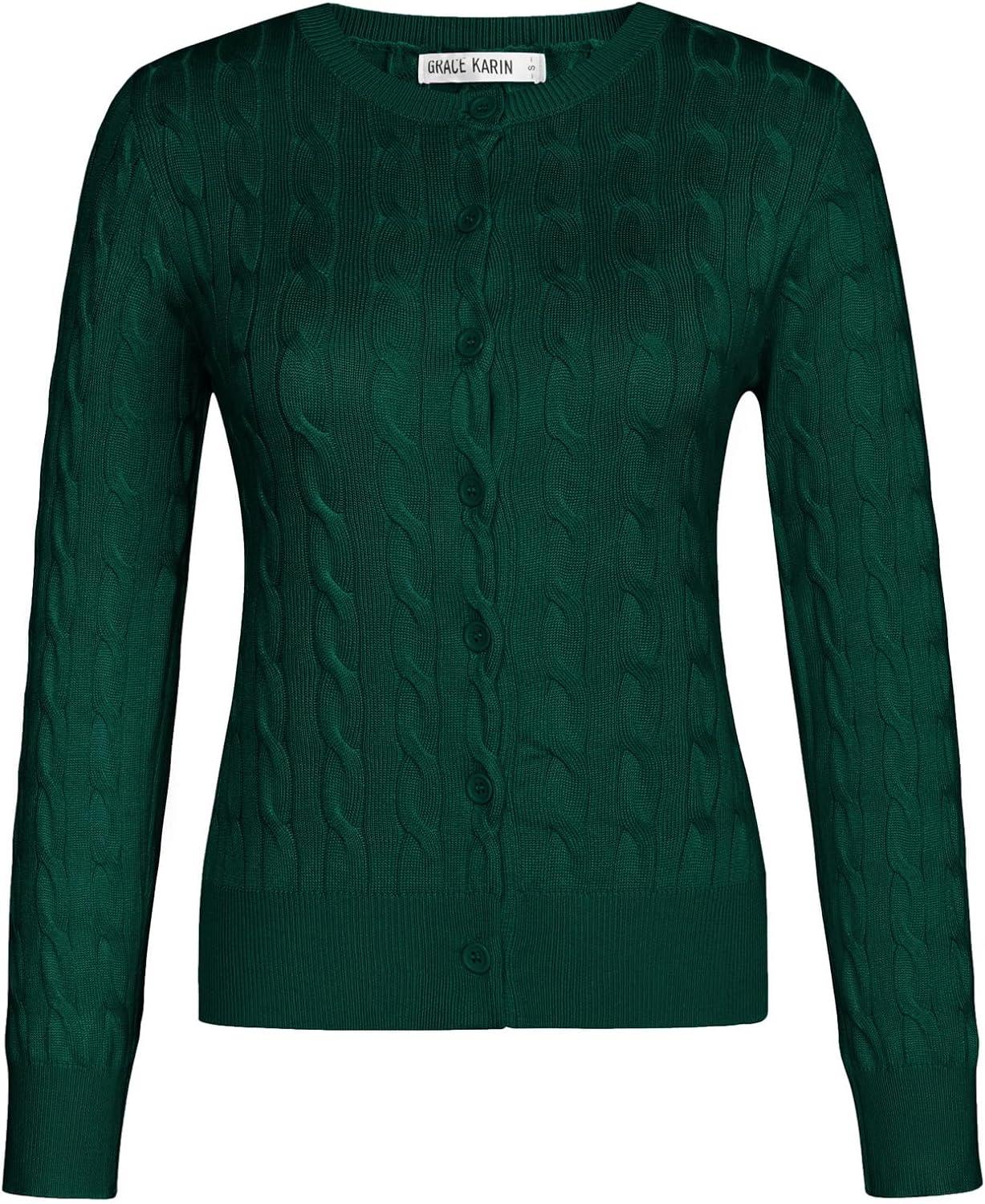 imageGRACE KARIN Womens Long Sleeve Button Up Cable Knit Cardigan Lightweight 2026 Crewneck Button Down Sweaters for WomenDark Green