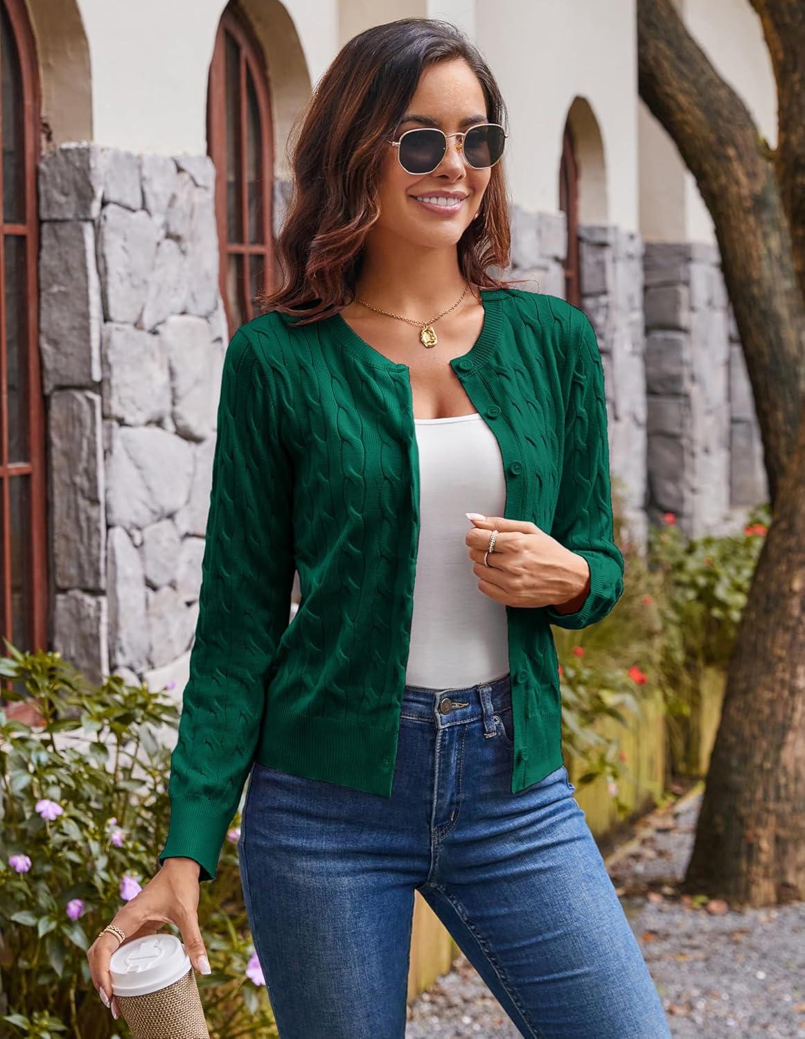 imageGRACE KARIN Womens Long Sleeve Button Up Cable Knit Cardigan Lightweight 2026 Crewneck Button Down Sweaters for WomenDark Green
