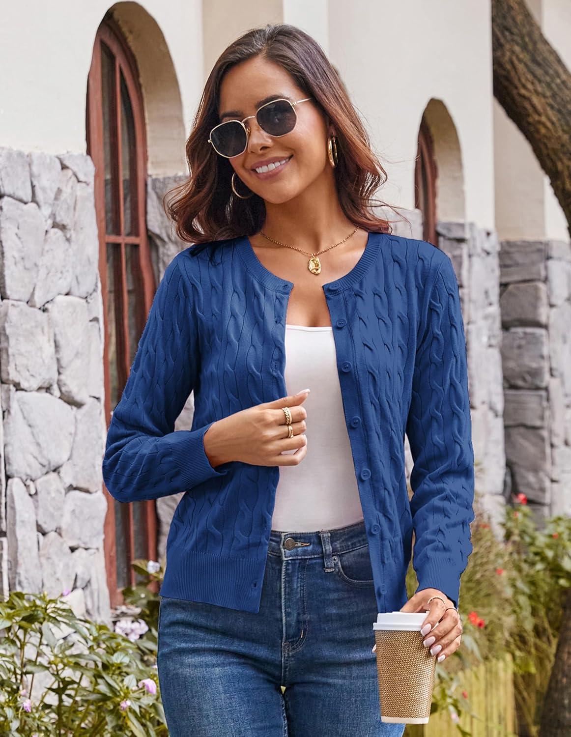 imageGRACE KARIN Womens Long Sleeve Button Up Cable Knit Cardigan Lightweight 2026 Crewneck Button Down Sweaters for WomenDenim Blue