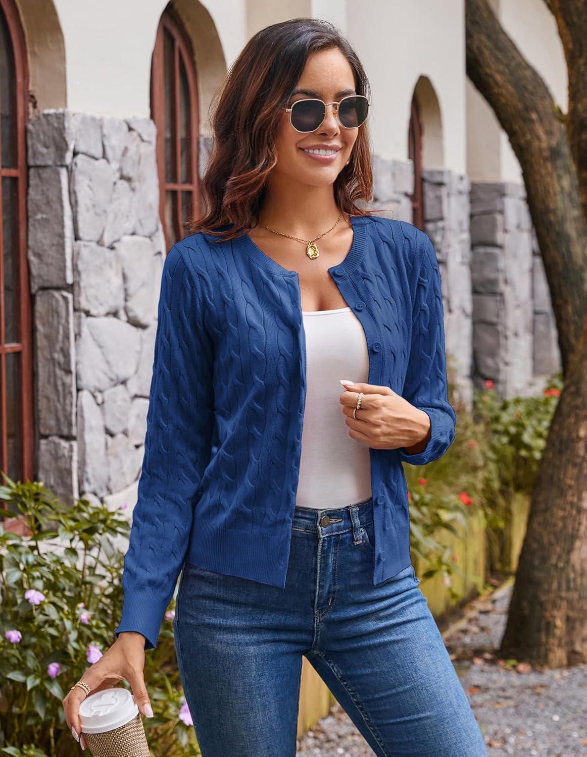 imageGRACE KARIN Womens Long Sleeve Button Up Cable Knit Cardigan Lightweight 2026 Crewneck Button Down Sweaters for WomenDenim Blue