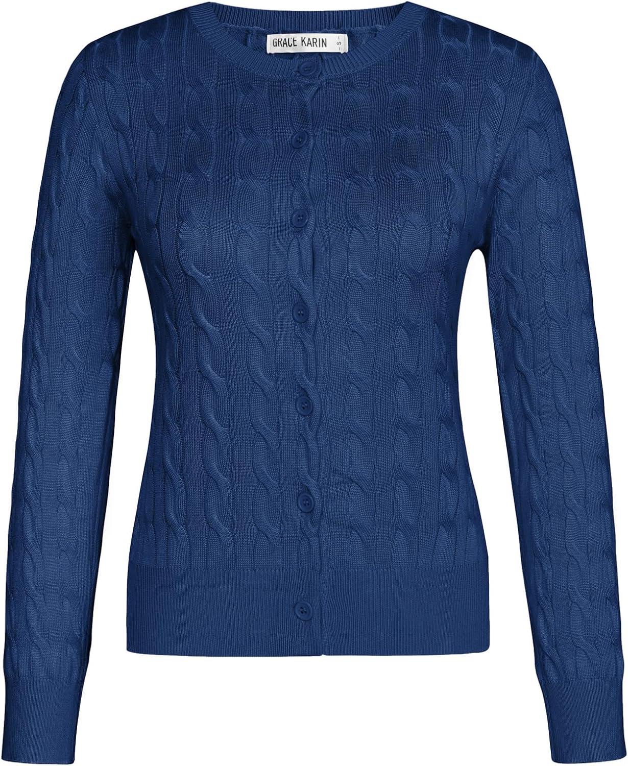 imageGRACE KARIN Womens Long Sleeve Button Up Cable Knit Cardigan Lightweight 2026 Crewneck Button Down Sweaters for WomenDenim Blue
