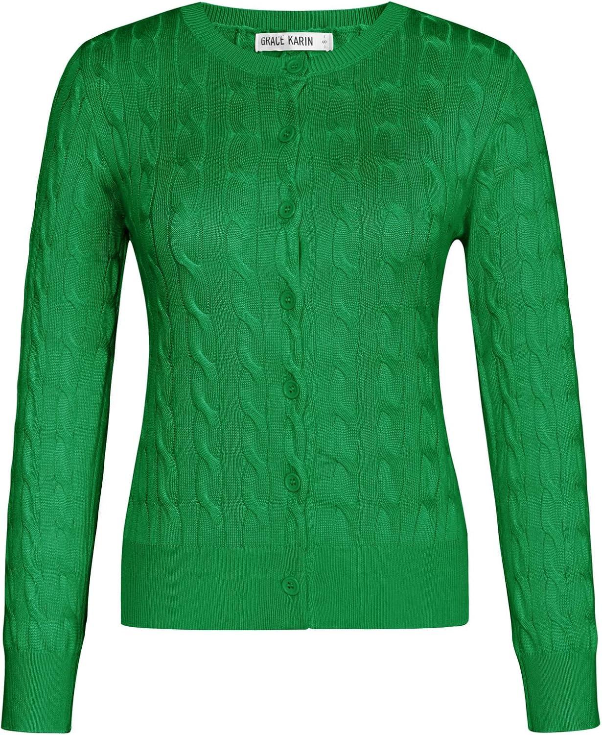 imageGRACE KARIN Womens Long Sleeve Button Up Cable Knit Cardigan Lightweight 2026 Crewneck Button Down Sweaters for WomenGreen