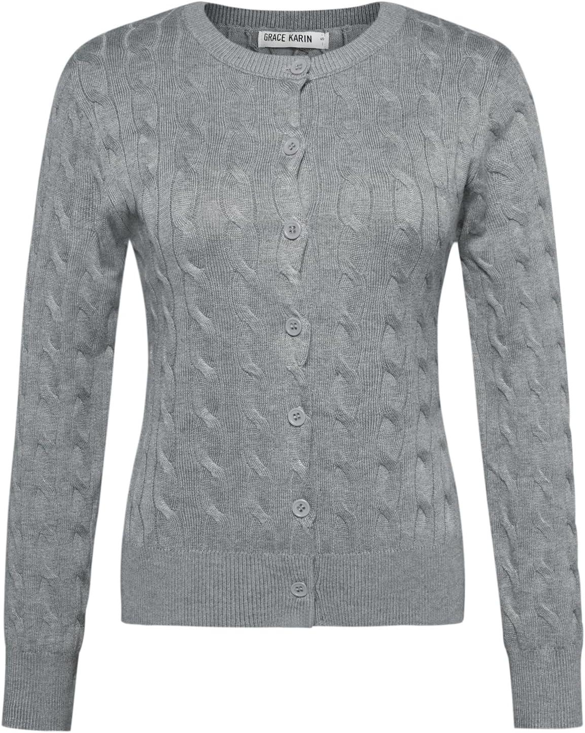 imageGRACE KARIN Womens Long Sleeve Button Up Cable Knit Cardigan Lightweight 2026 Crewneck Button Down Sweaters for WomenHeather Grey