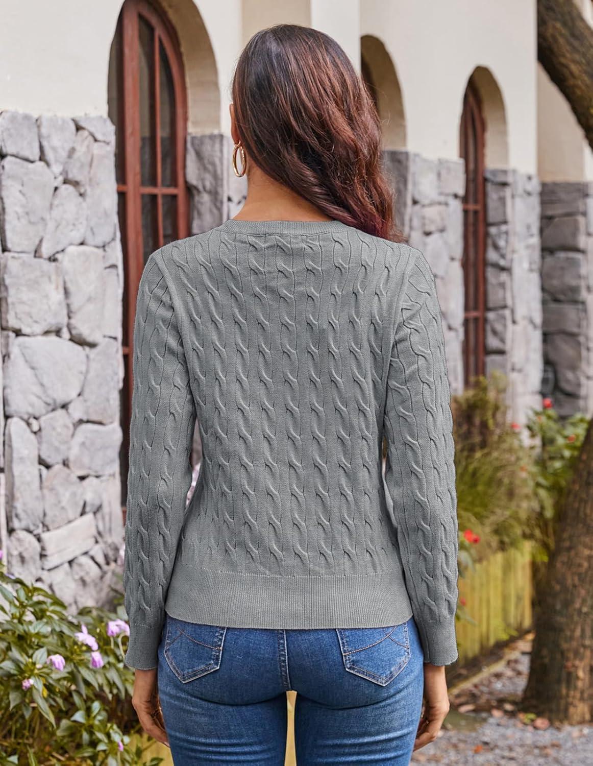 imageGRACE KARIN Womens Long Sleeve Button Up Cable Knit Cardigan Lightweight 2026 Crewneck Button Down Sweaters for WomenHeather Grey