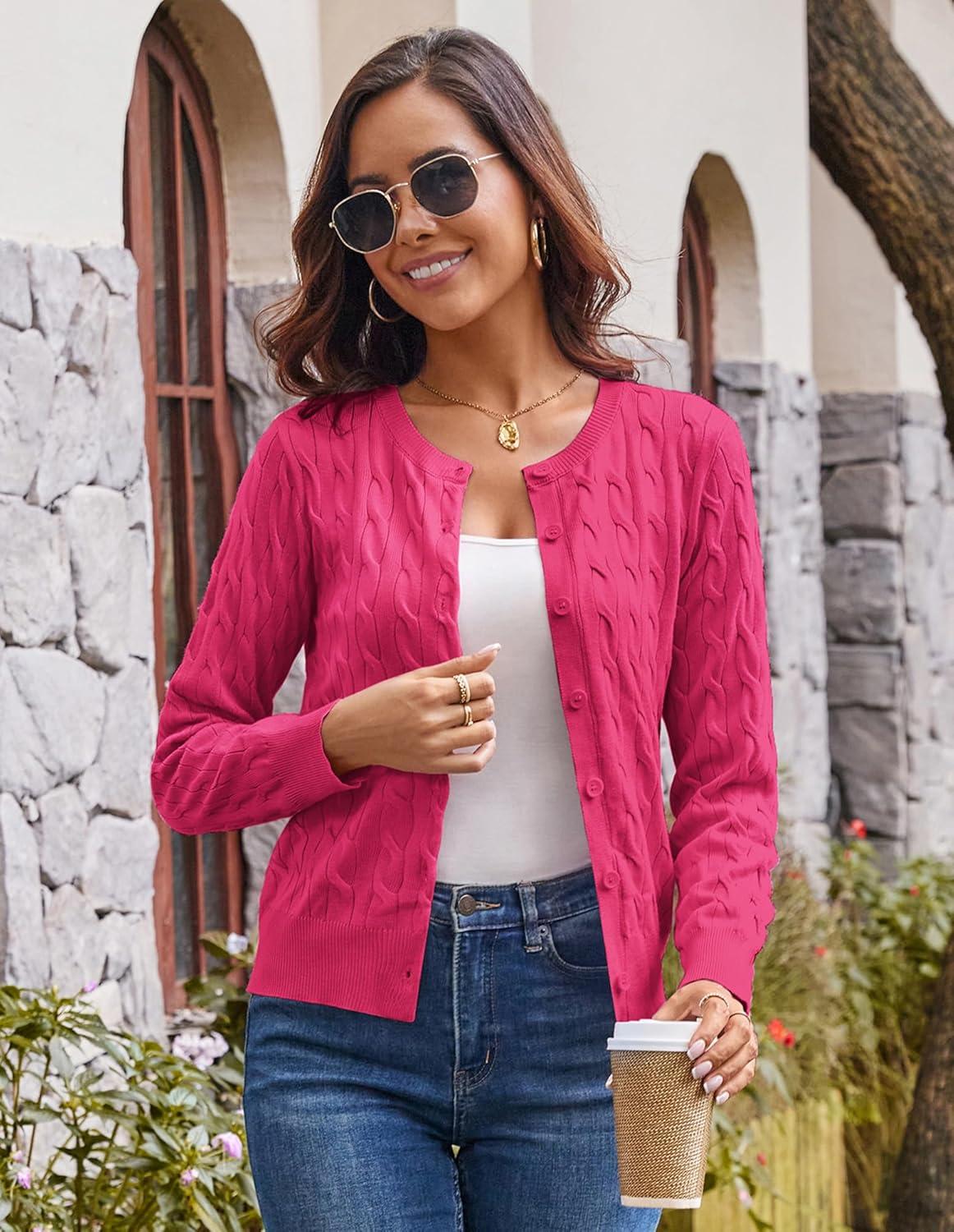 imageGRACE KARIN Womens Long Sleeve Button Up Cable Knit Cardigan Lightweight 2026 Crewneck Button Down Sweaters for WomenHot Pink