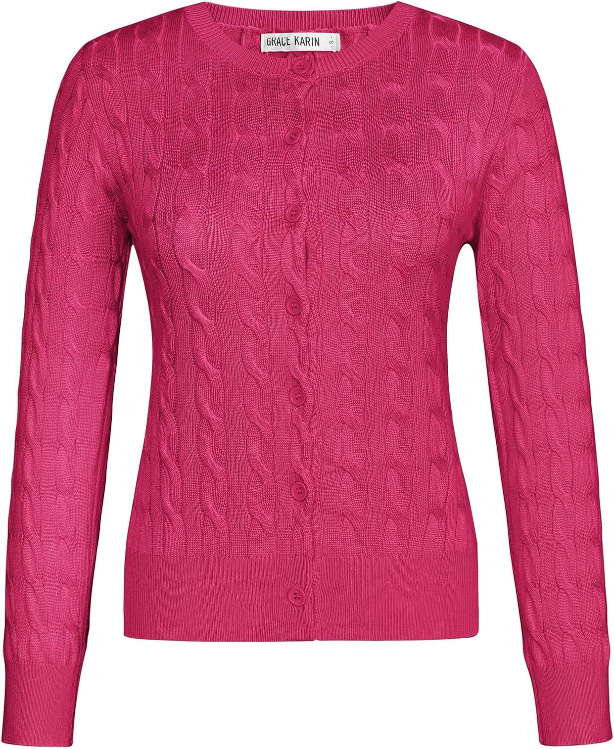 imageGRACE KARIN Womens Long Sleeve Button Up Cable Knit Cardigan Lightweight 2026 Crewneck Button Down Sweaters for WomenHot Pink