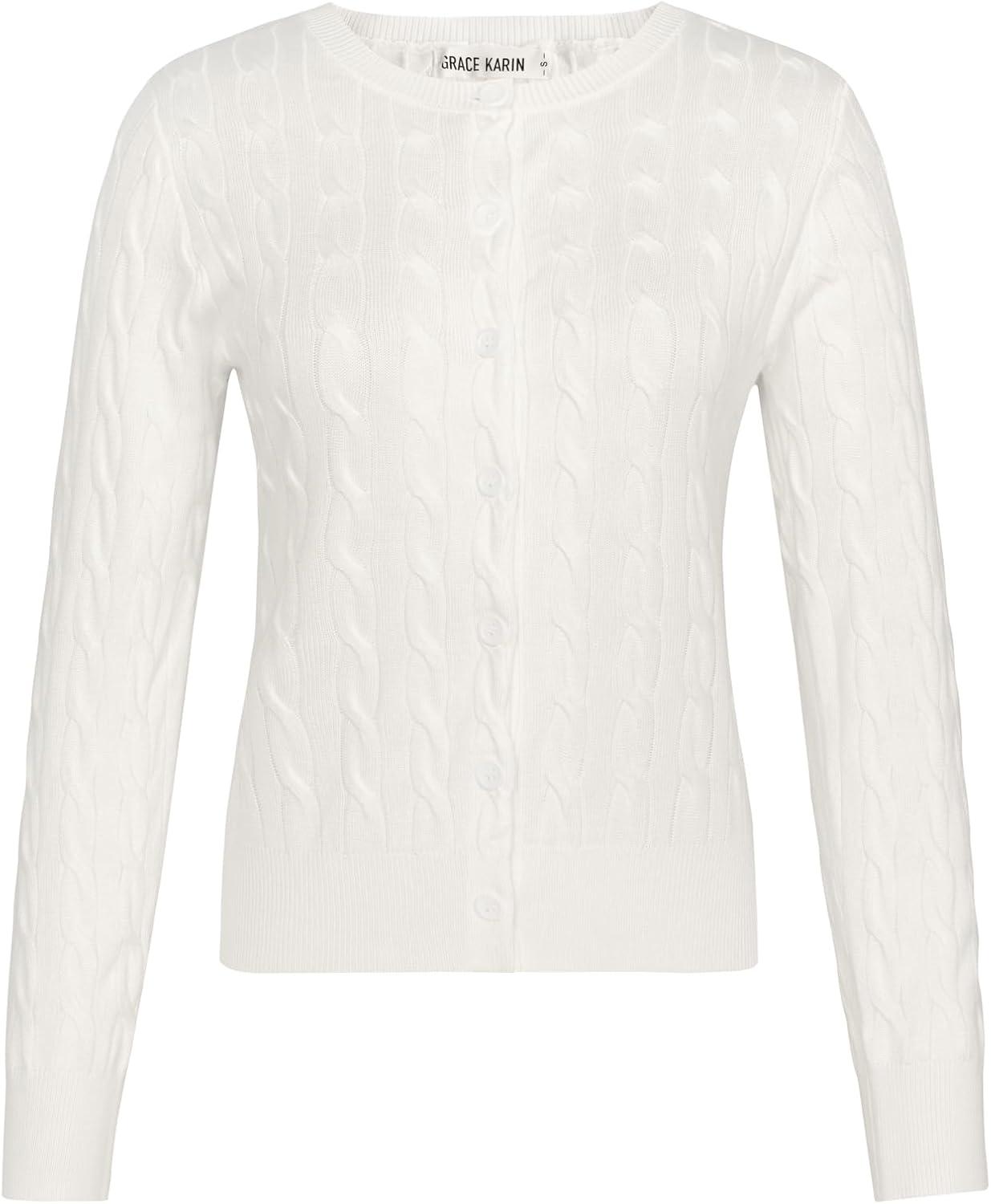 imageGRACE KARIN Womens Long Sleeve Button Up Cable Knit Cardigan Lightweight 2026 Crewneck Button Down Sweaters for WomenIvory White