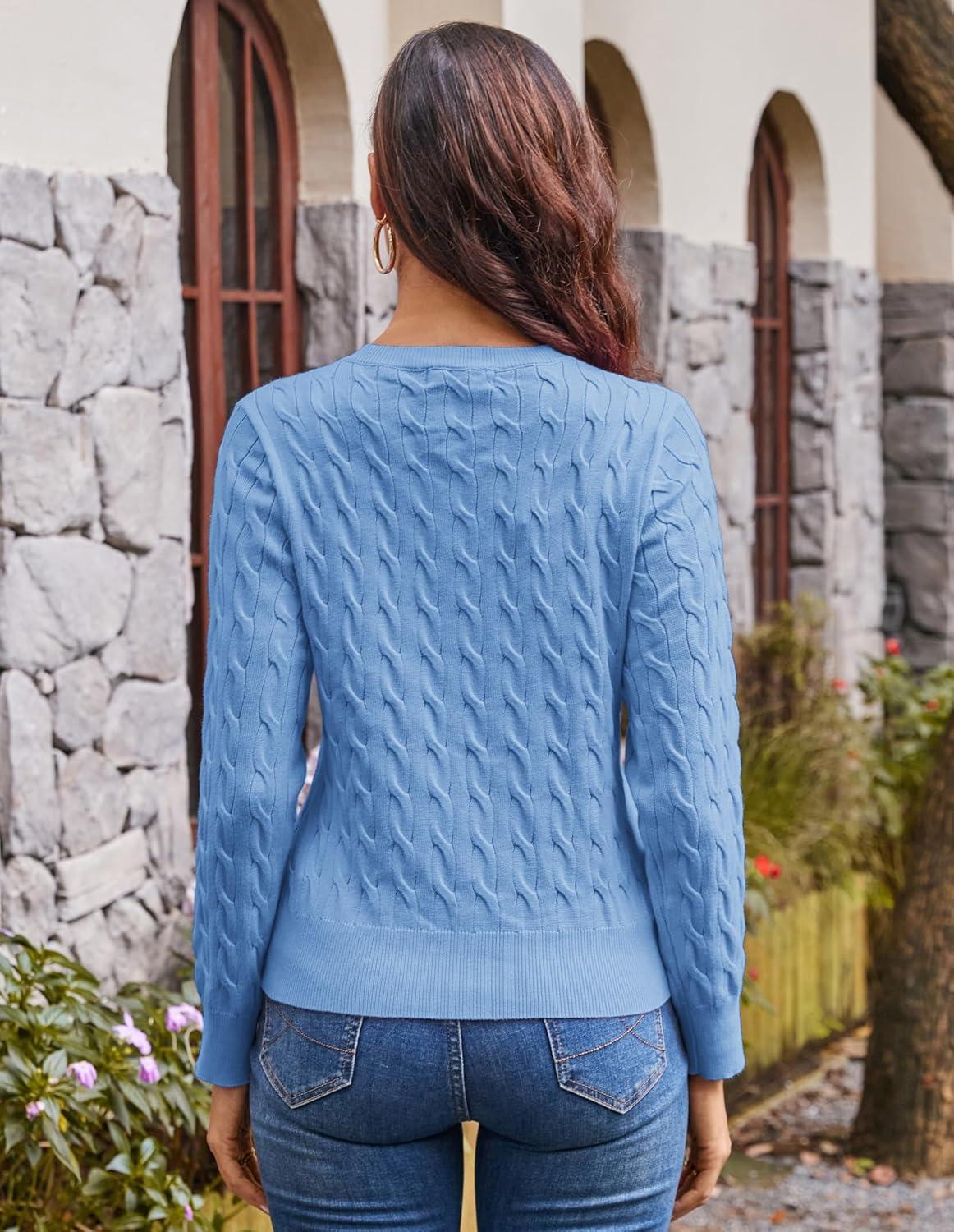 imageGRACE KARIN Womens Long Sleeve Button Up Cable Knit Cardigan Lightweight 2026 Crewneck Button Down Sweaters for WomenLight Blue