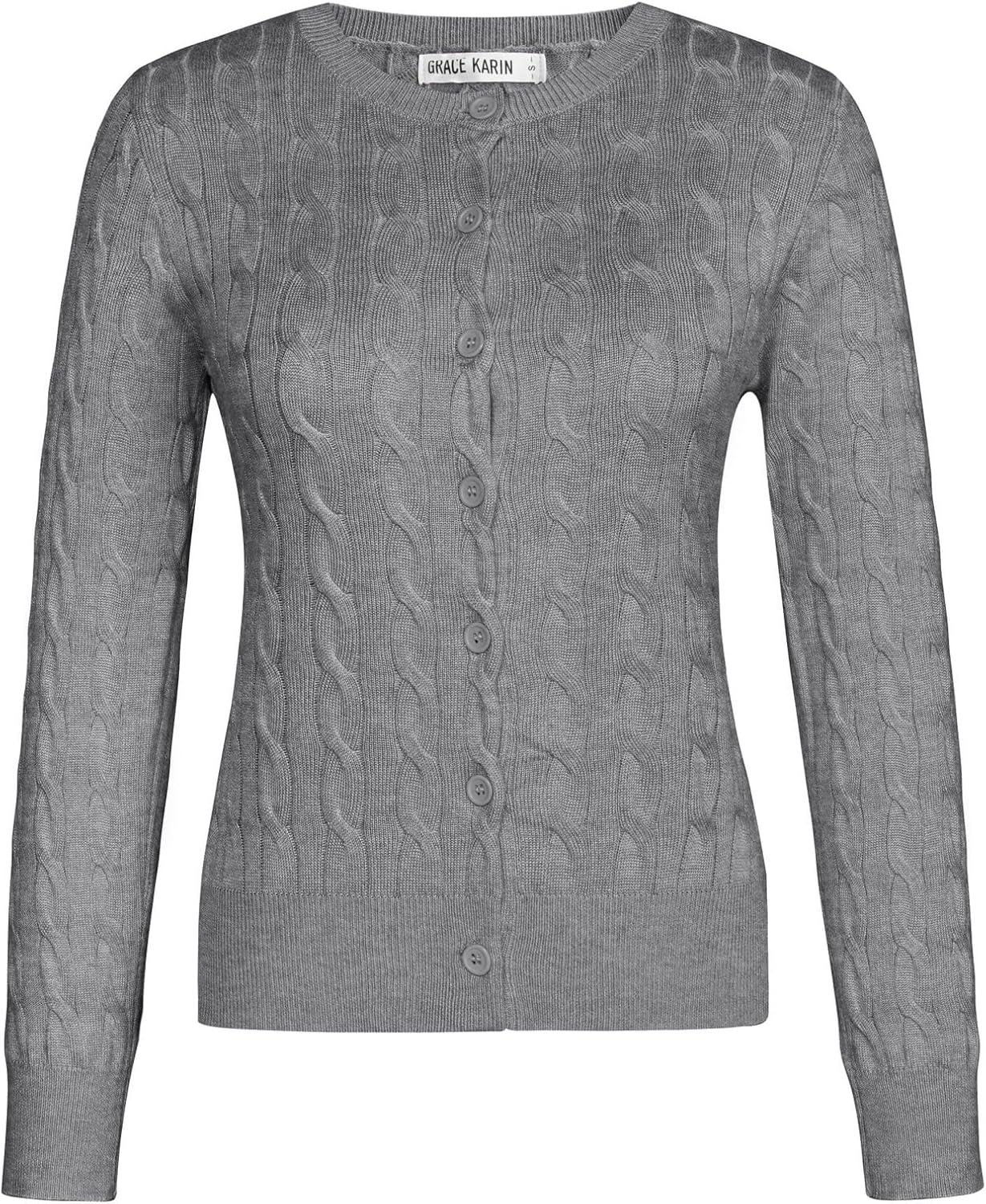imageGRACE KARIN Womens Long Sleeve Button Up Cable Knit Cardigan Lightweight 2026 Crewneck Button Down Sweaters for WomenLight Heather Gray