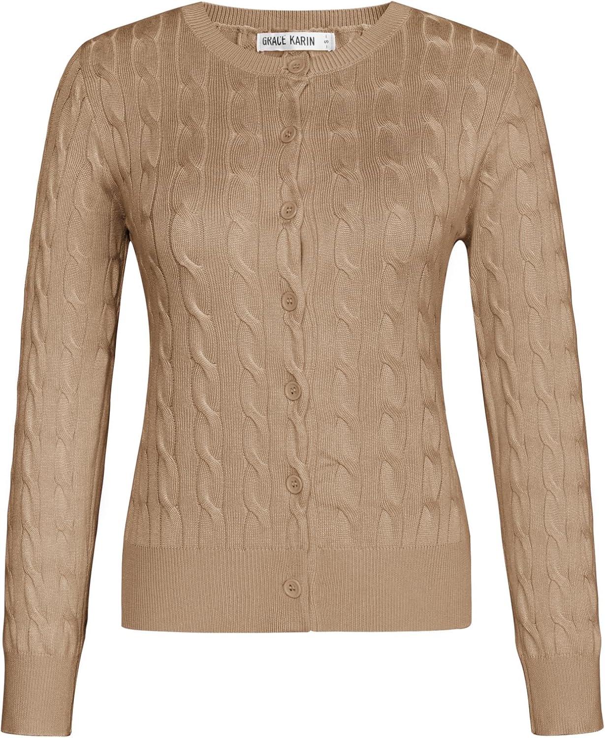 imageGRACE KARIN Womens Long Sleeve Button Up Cable Knit Cardigan Lightweight 2026 Crewneck Button Down Sweaters for WomenLight Khaki