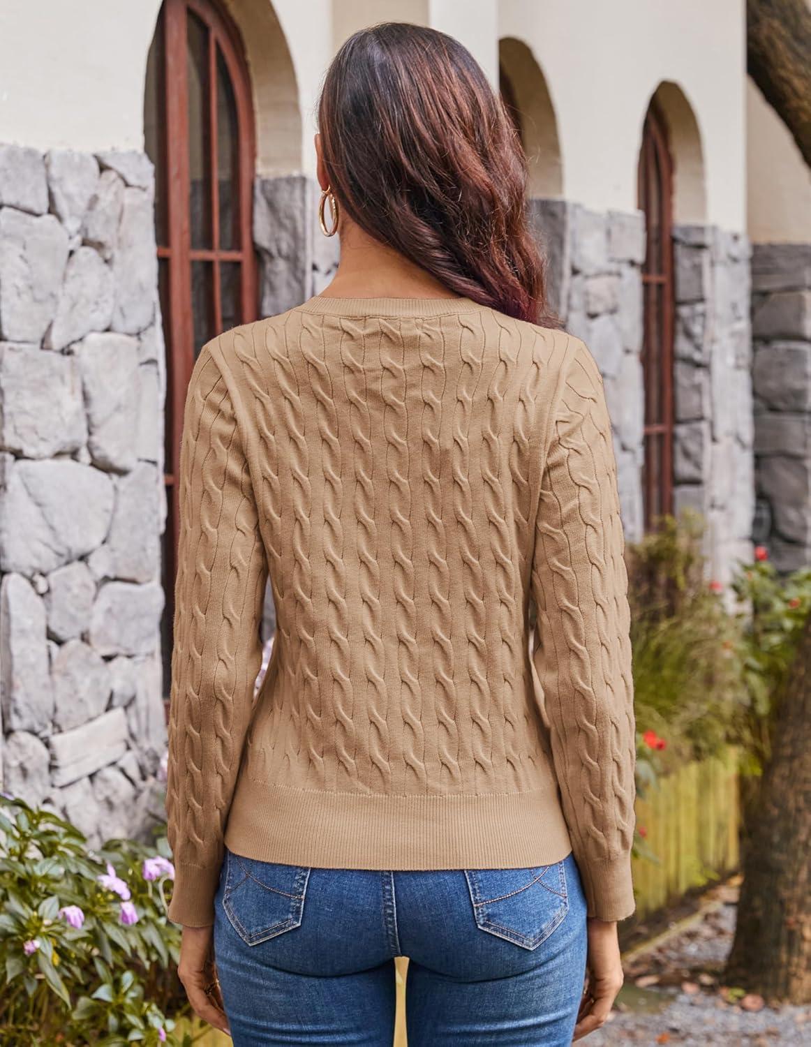 imageGRACE KARIN Womens Long Sleeve Button Up Cable Knit Cardigan Lightweight 2026 Crewneck Button Down Sweaters for WomenLight Khaki