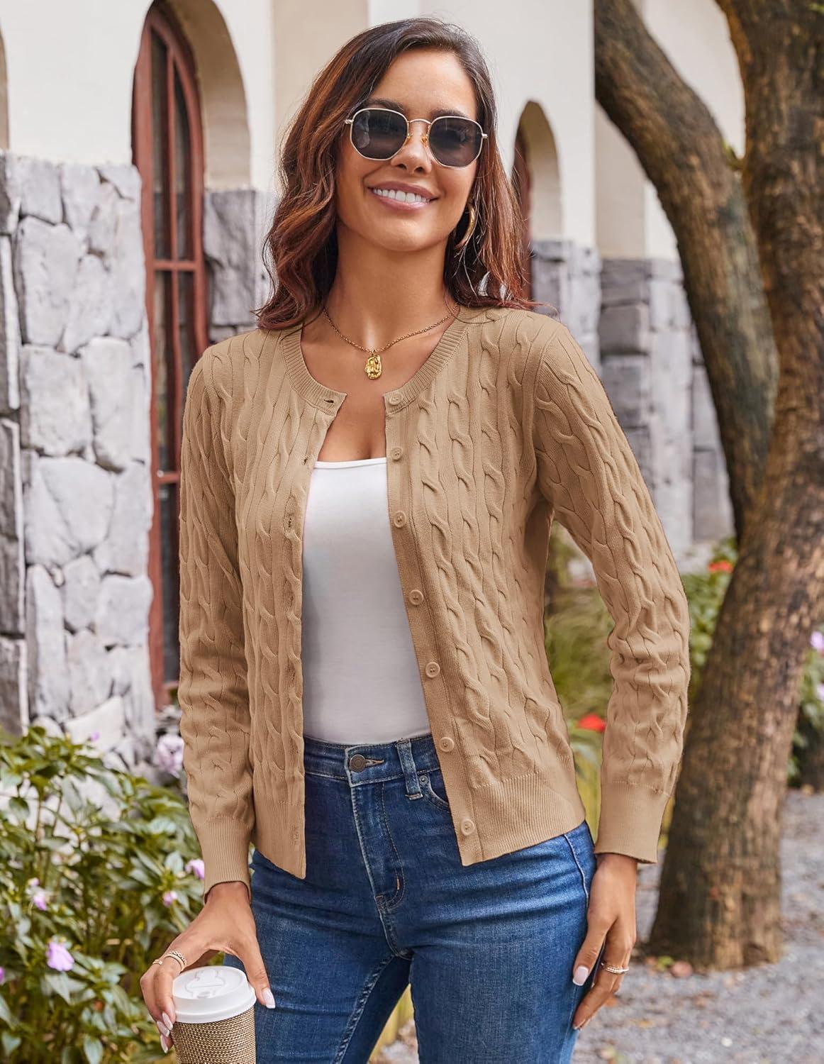 imageGRACE KARIN Womens Long Sleeve Button Up Cable Knit Cardigan Lightweight 2026 Crewneck Button Down Sweaters for WomenLight Khaki
