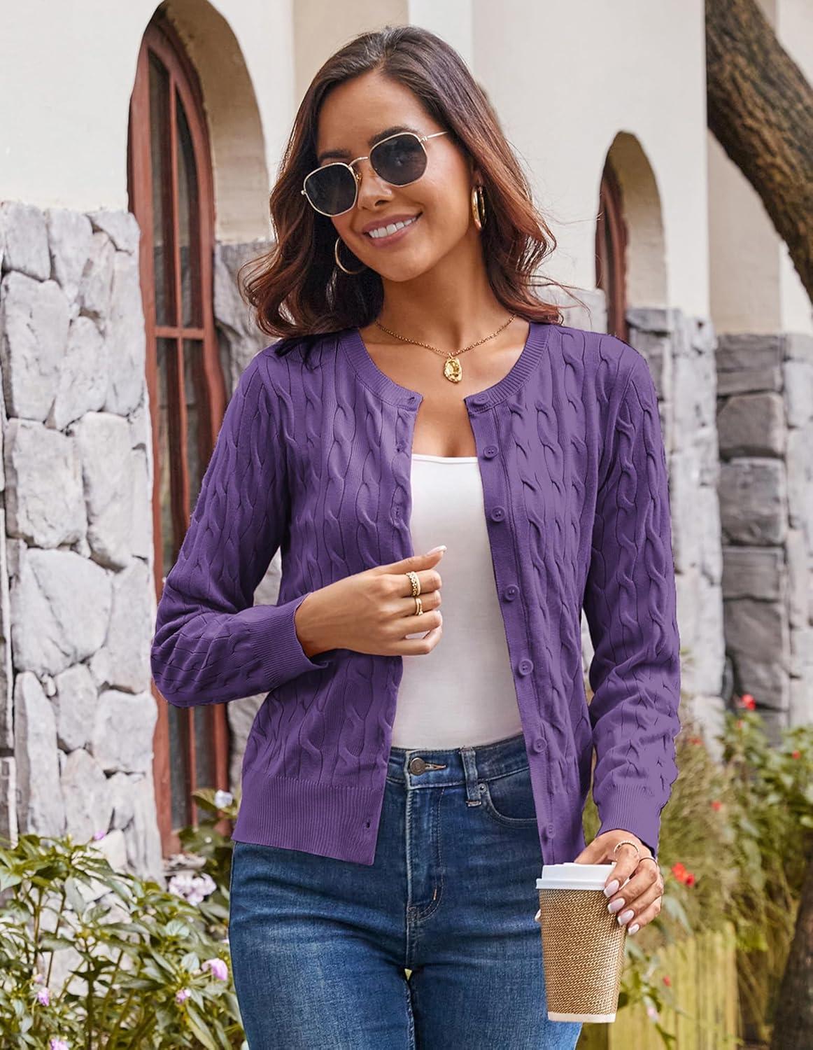 imageGRACE KARIN Womens Long Sleeve Button Up Cable Knit Cardigan Lightweight 2026 Crewneck Button Down Sweaters for WomenMidpurple