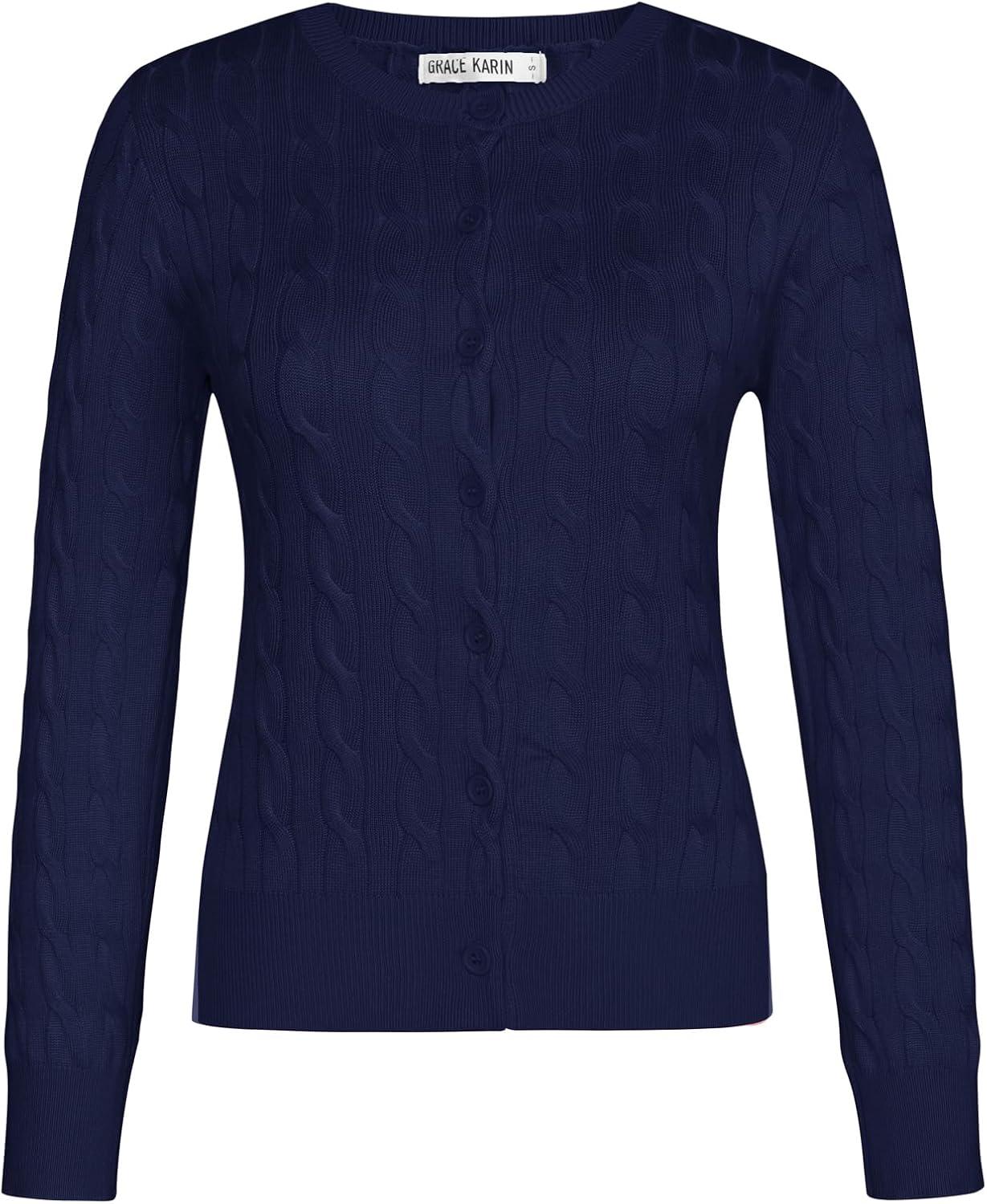 imageGRACE KARIN Womens Long Sleeve Button Up Cable Knit Cardigan Lightweight 2026 Crewneck Button Down Sweaters for WomenNavy Blue
