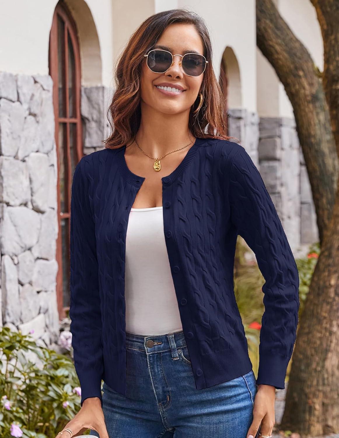 imageGRACE KARIN Womens Long Sleeve Button Up Cable Knit Cardigan Lightweight 2026 Crewneck Button Down Sweaters for WomenNavy Blue
