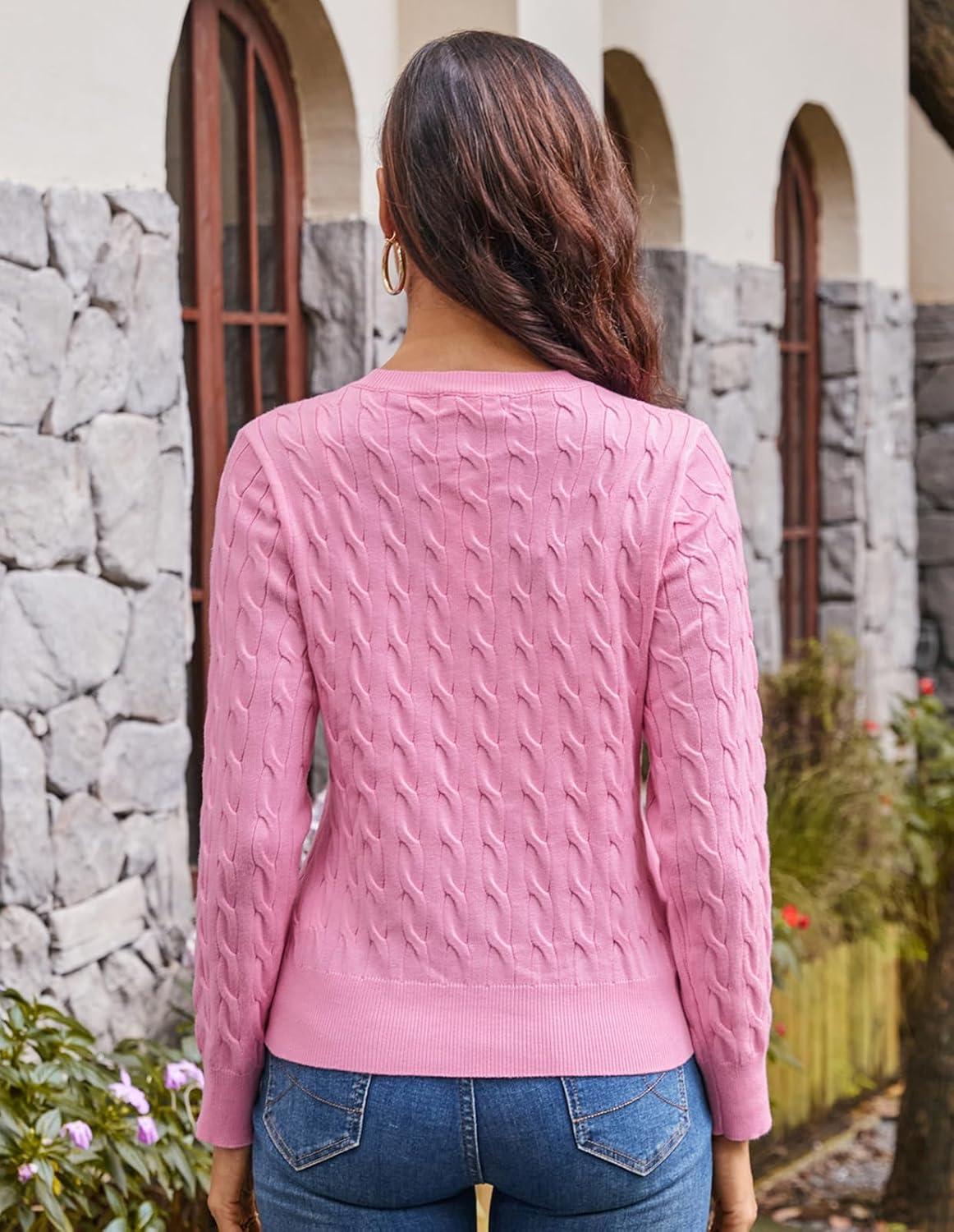 imageGRACE KARIN Womens Long Sleeve Button Up Cable Knit Cardigan Lightweight 2026 Crewneck Button Down Sweaters for WomenPink