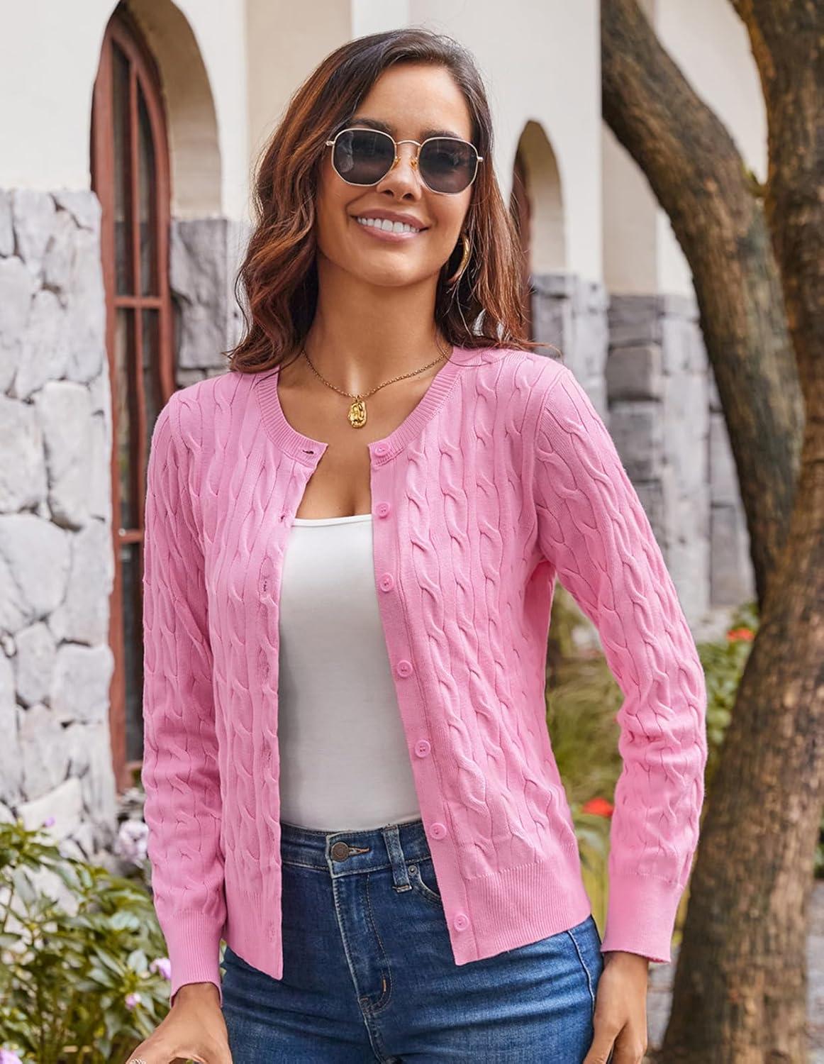 imageGRACE KARIN Womens Long Sleeve Button Up Cable Knit Cardigan Lightweight 2026 Crewneck Button Down Sweaters for WomenPink