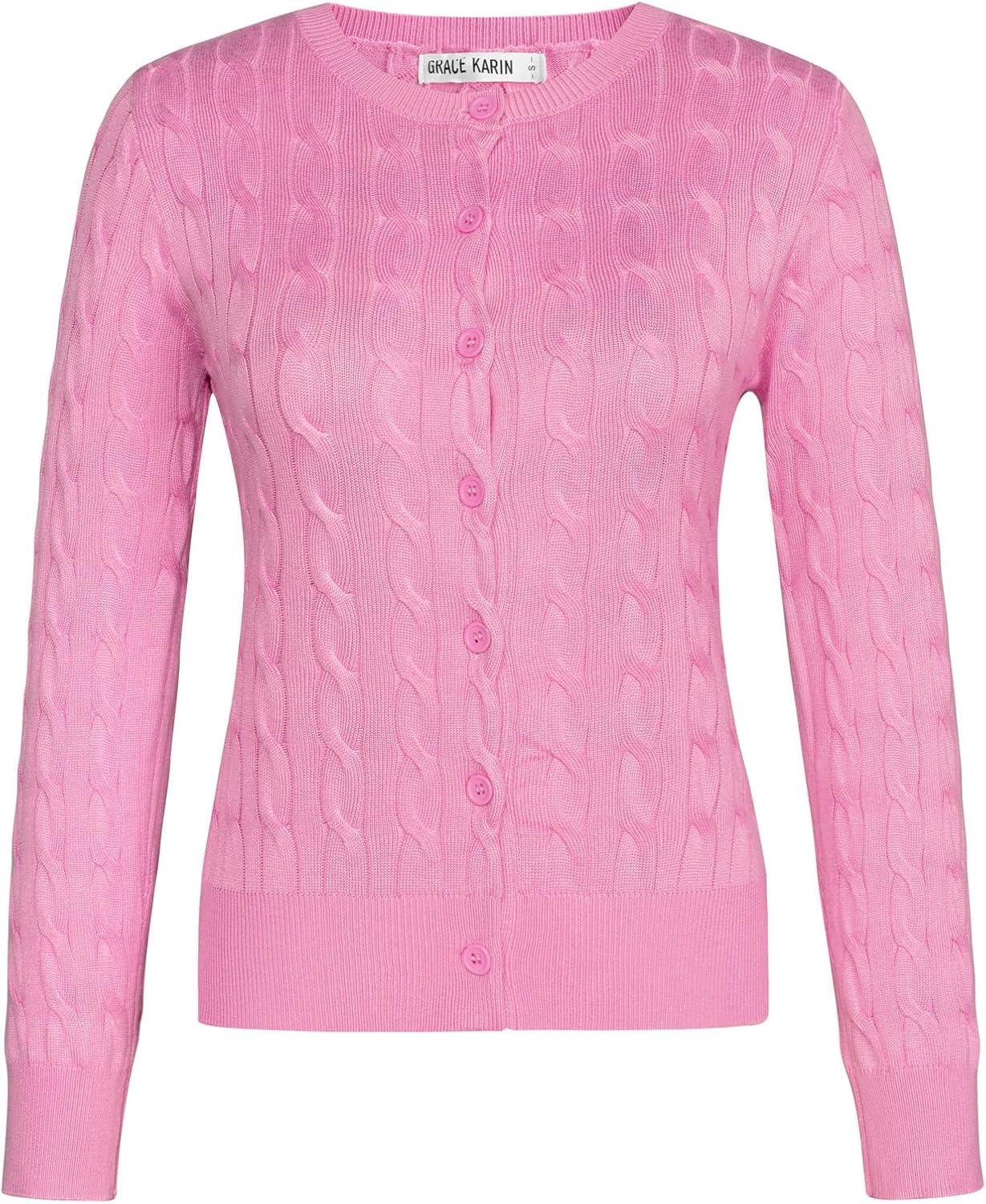 imageGRACE KARIN Womens Long Sleeve Button Up Cable Knit Cardigan Lightweight 2026 Crewneck Button Down Sweaters for WomenPink