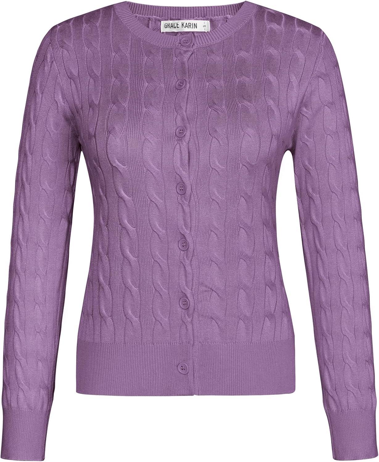 imageGRACE KARIN Womens Long Sleeve Button Up Cable Knit Cardigan Lightweight 2026 Crewneck Button Down Sweaters for WomenPurple